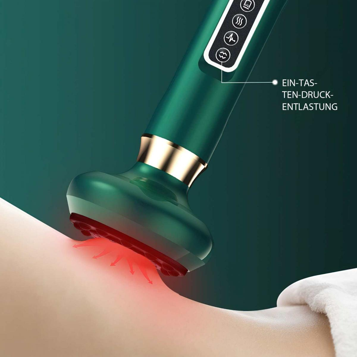 Ein grünes Massagegerät wird auf der Haut einer Person verwendet. Rotes Licht geht vom Gerät aus und beleuchtet die Haut.