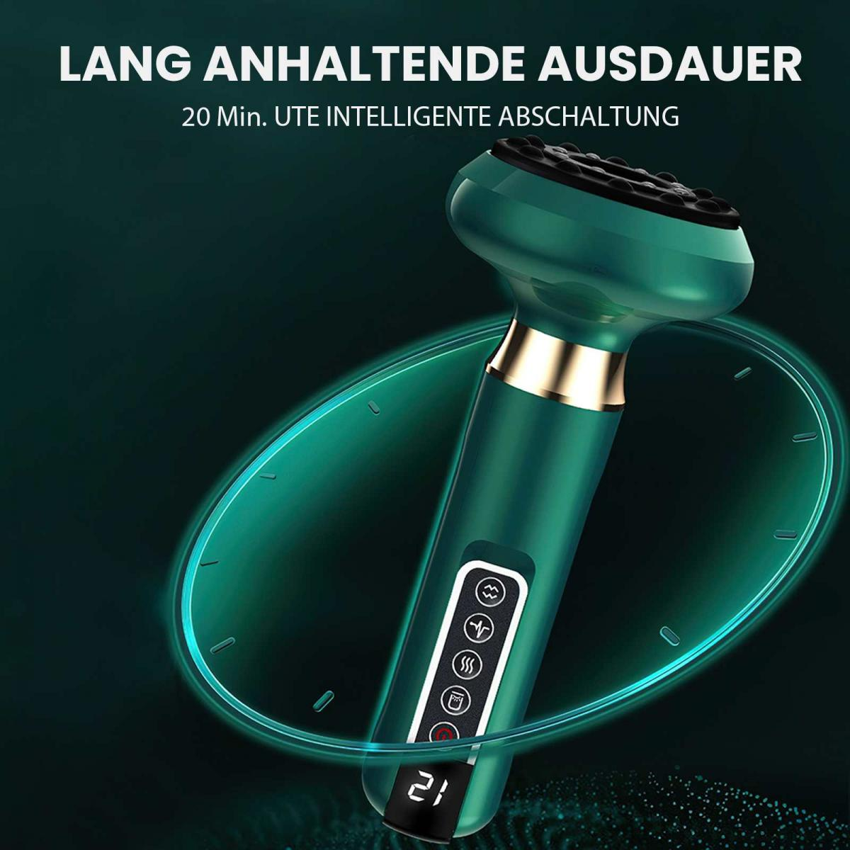 Ein grünes Schönheitsgerät mit schwarzem Kopf. Es hat ein digitales Display mit '21'. Text oben lautet 'LANG ANHALTENDE AUSDAUER'.