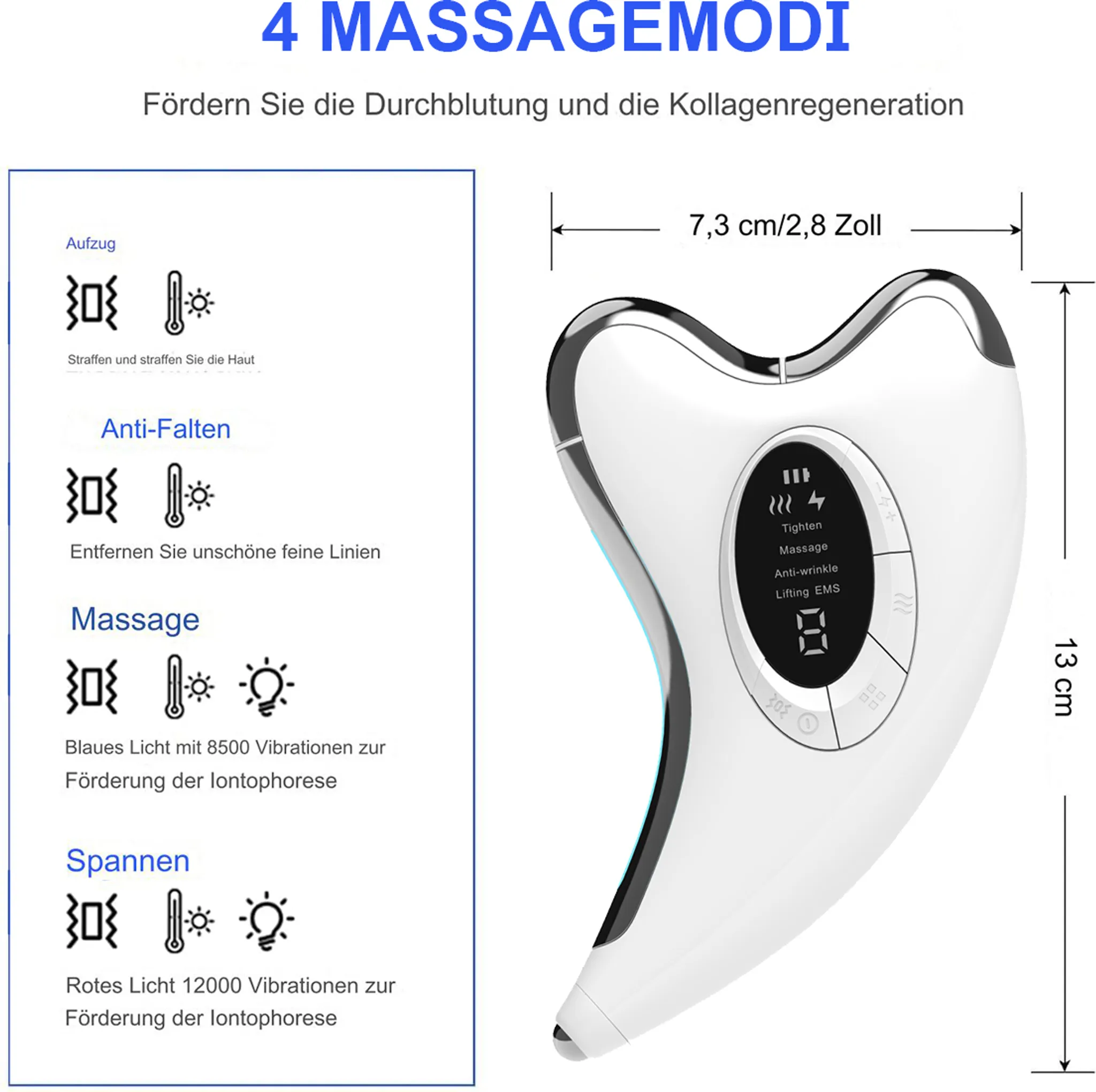 Ein weißer Gesichtsmassager mit Digitalanzeige und verschiedenen Funktionen wird gezeigt. Text auf Deutsch beschreibt die Funktionen.