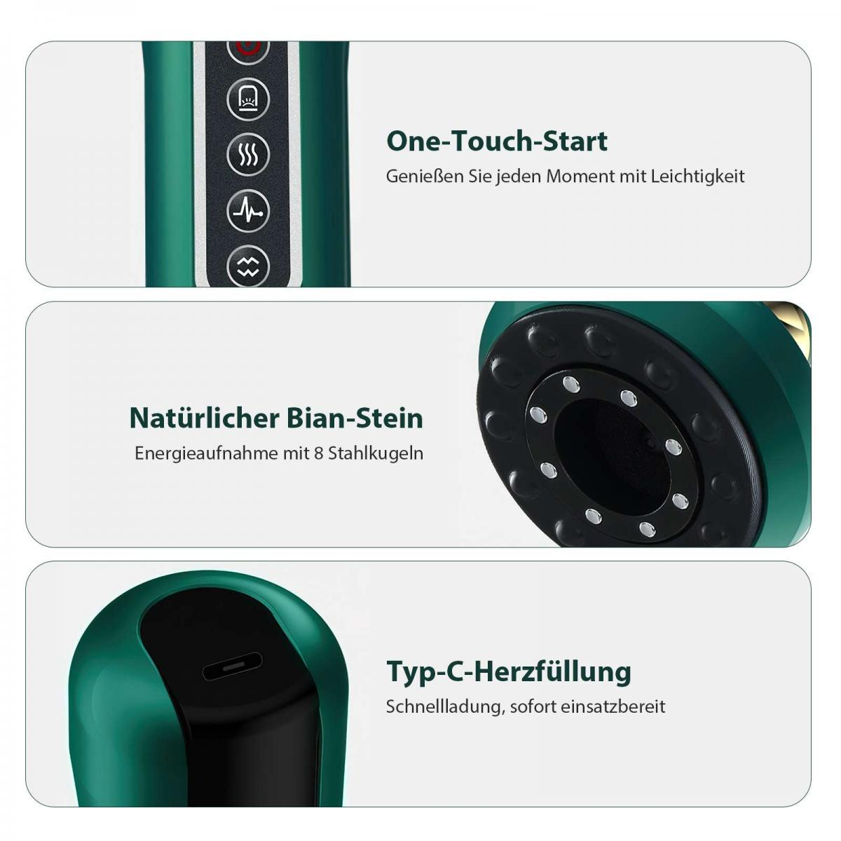 Ein grünes Gerät mit Steuertasten. Abschnitte zeigen: One-Touch-Start, Bian-Stein mit 8 Stahlkugeln und einen Typ-C-Ladeanschluss.