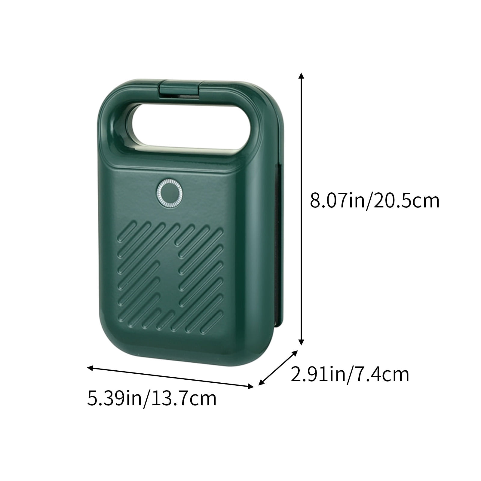 Ein grüner Sandwichmaker. Abmessungen: 8,07 Zoll/20,5 cm hoch, 5,39 Zoll/13,7 cm breit, 2,91 Zoll/7,4 cm tief. Hat einen Griff und einen Knopf.