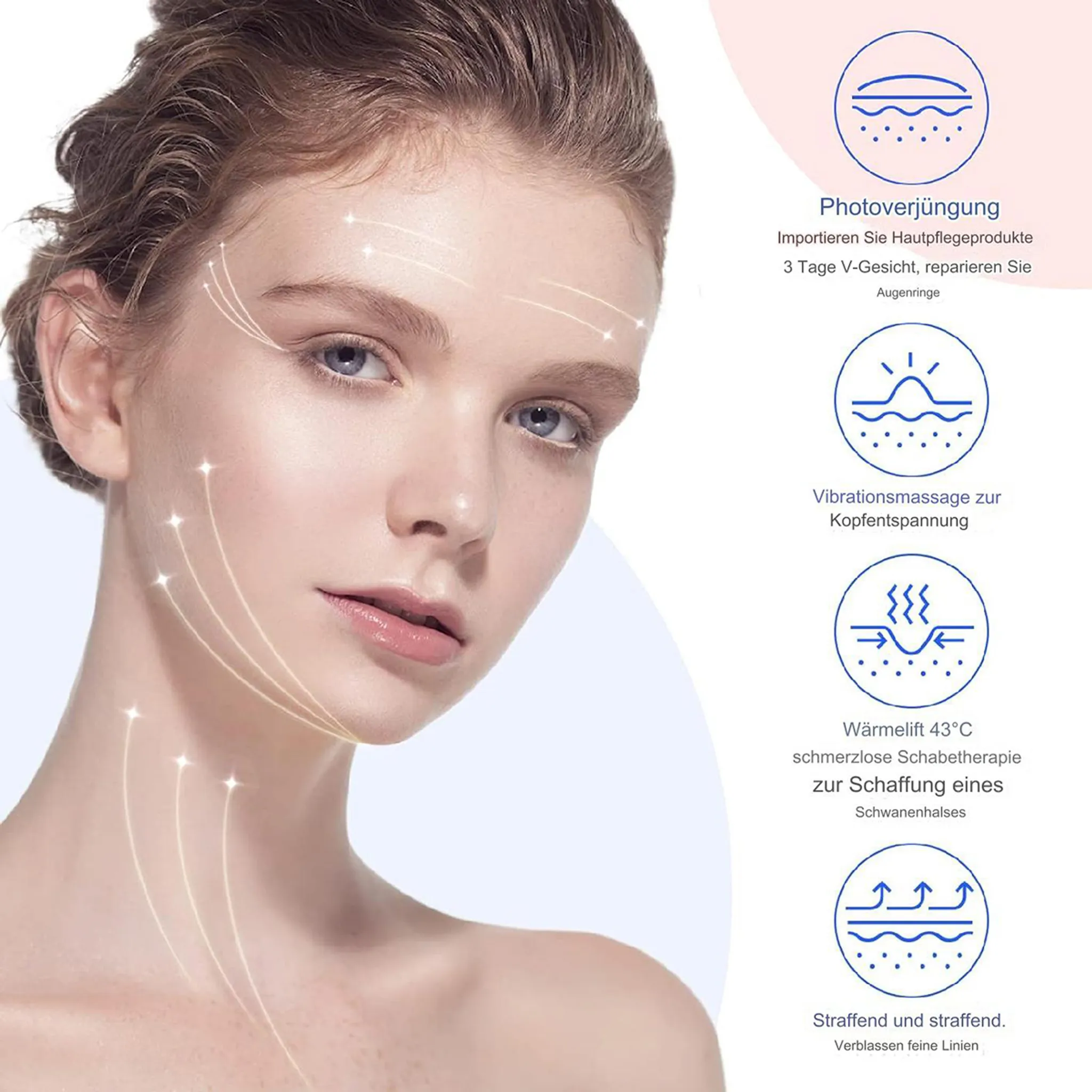 Das Gesicht einer Frau mit Lichtlinien, Werbung für Schönheitsprodukte. Vorteile sind Hautverjüngung und Halsstraffung.