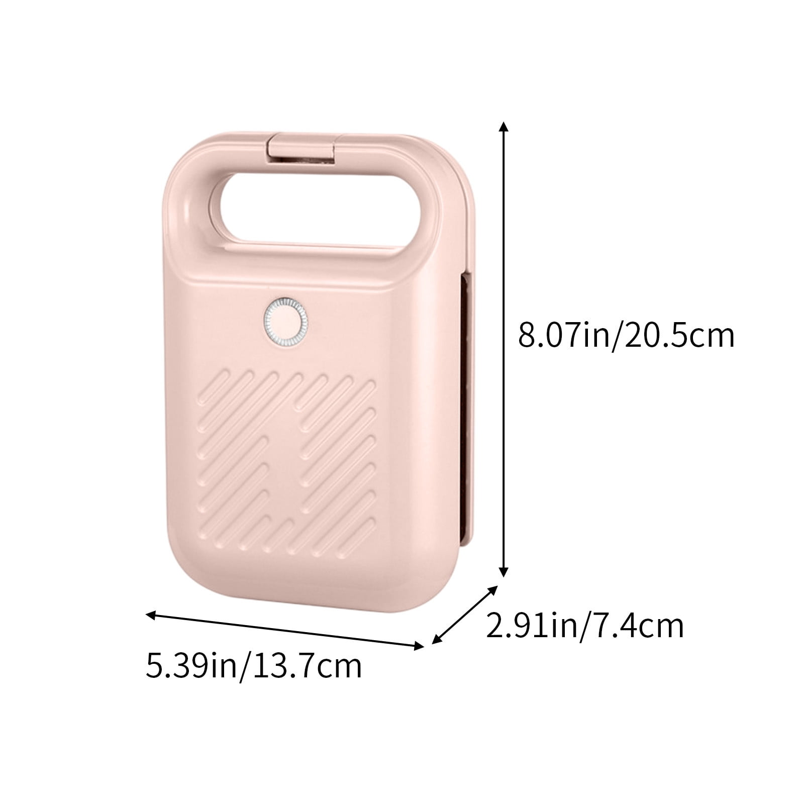 Ein rosa Sandwichmaker mit Griff, Abmessungen beschriftet. Er ist 8,07 Zoll/20,5 cm hoch, 5,39 Zoll/13,7 cm breit und 2,91 Zoll/7,4 cm tief.