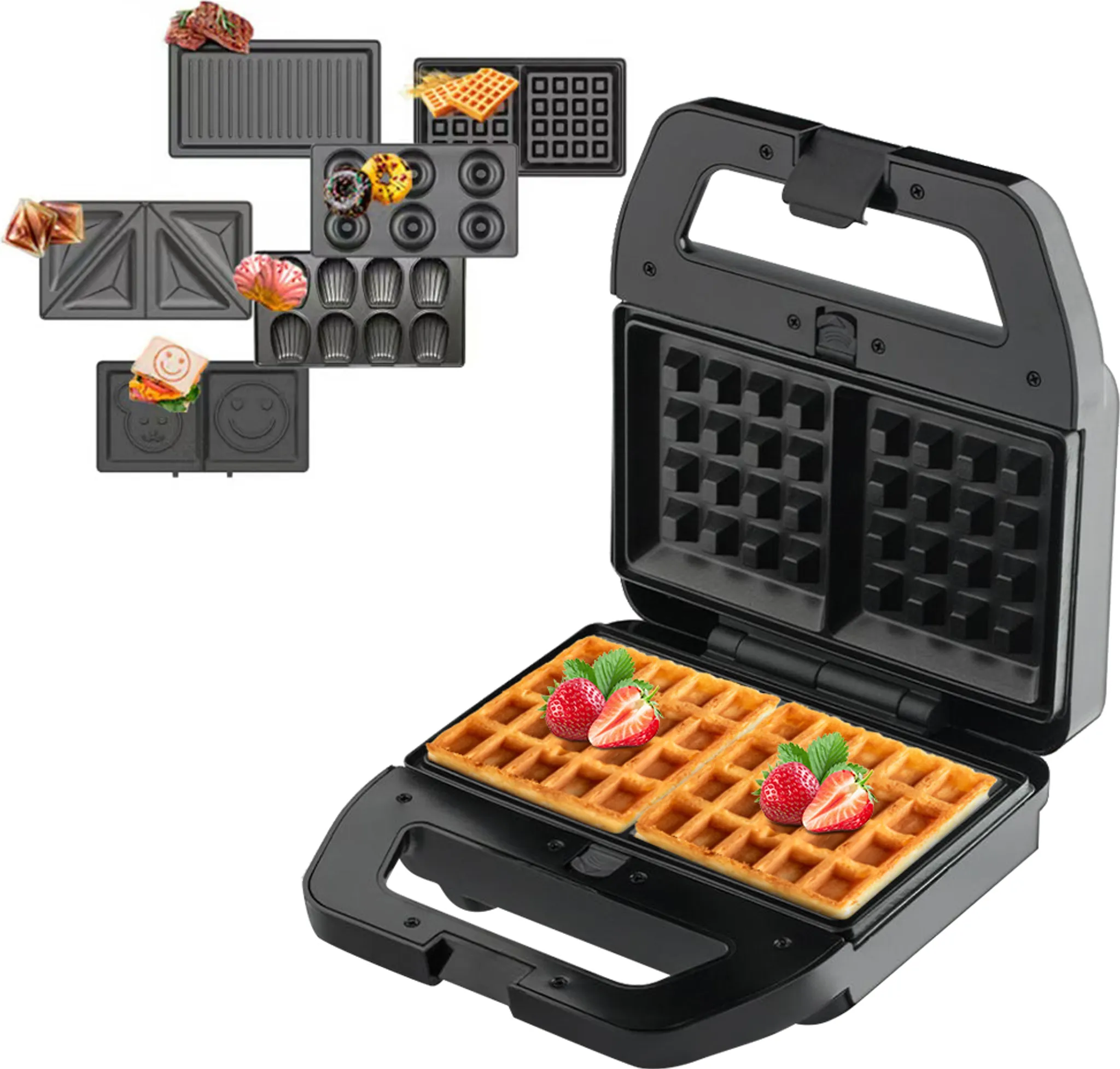 Ein Waffeleisen mit offenem Deckel, das zwei Waffeln mit Erdbeeren zeigt. Verschiedene Aufsätze werden angezeigt.