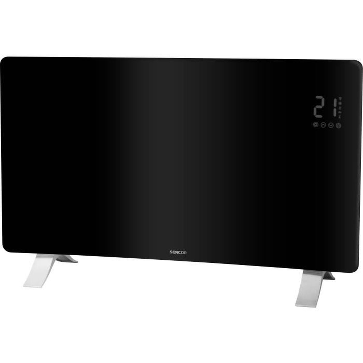Un termoconvettore elettrico nero Sencor con display digitale che mostra 21. Ha gambe argentate.