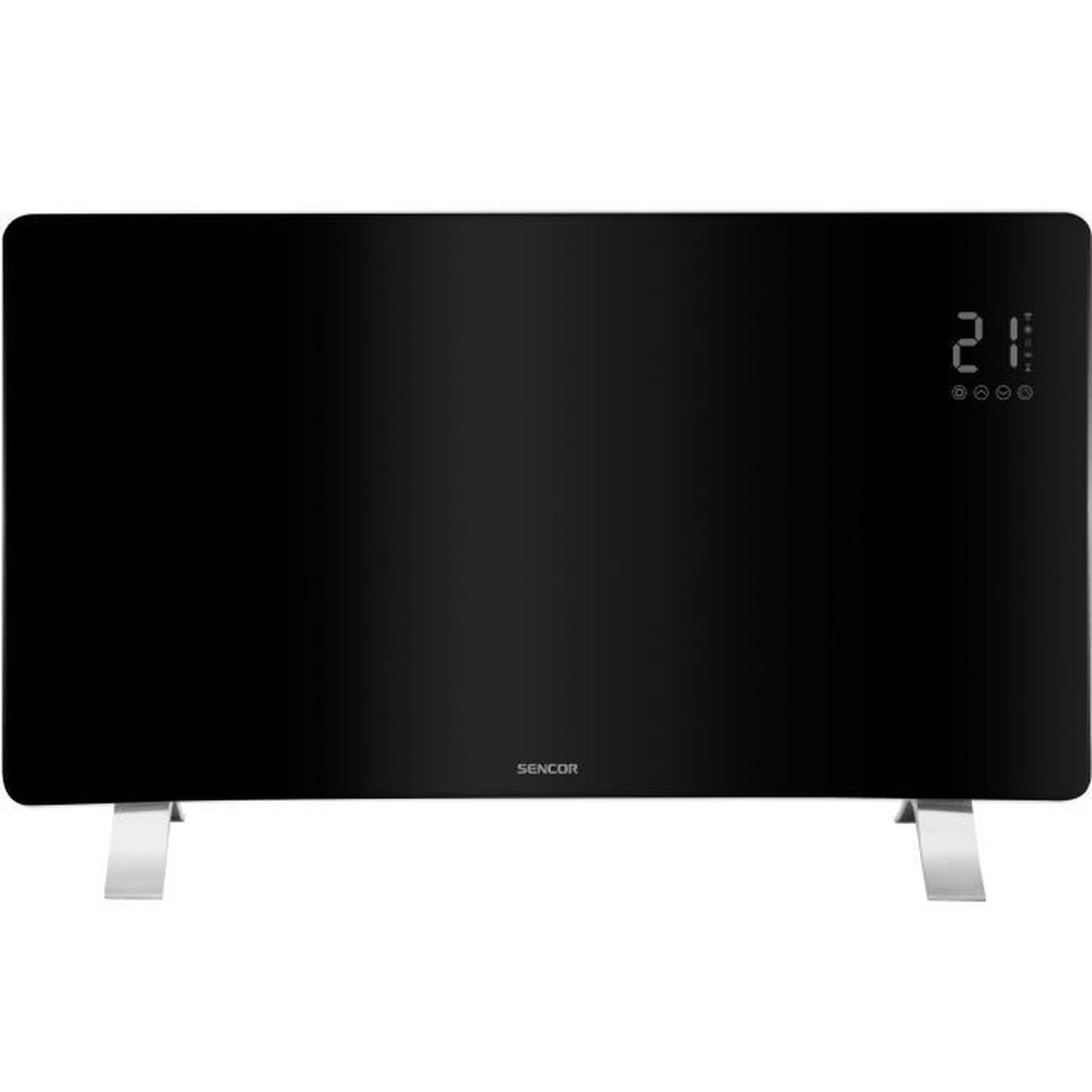 Un termoventilatore elettrico nero con display digitale che mostra 21. Ha gambe argentate e il marchio 'Sencor' è visibile.