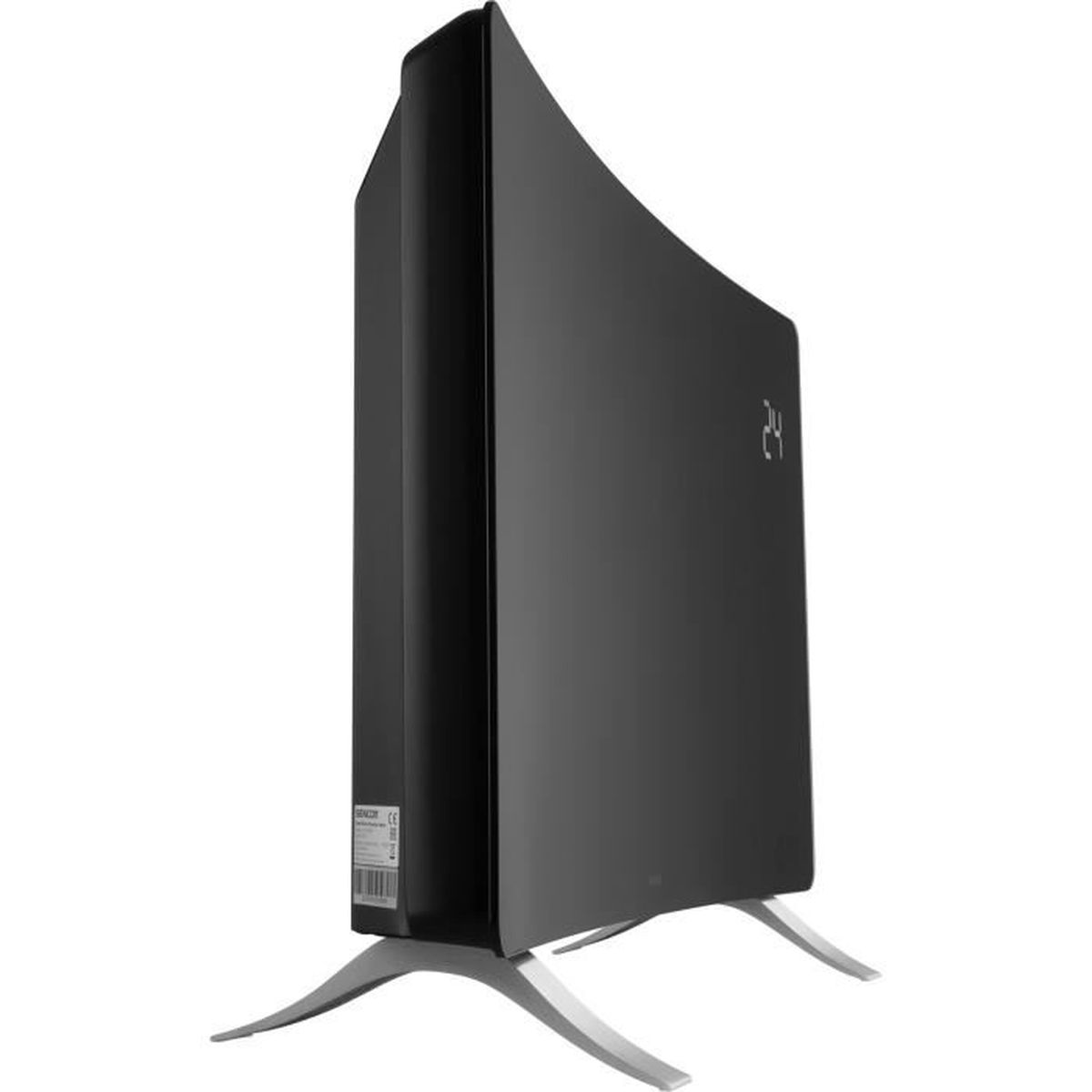 Un termoventilatore elettrico nero con fronte curvo e display digitale. Ha gambe argentate e un'etichetta.
