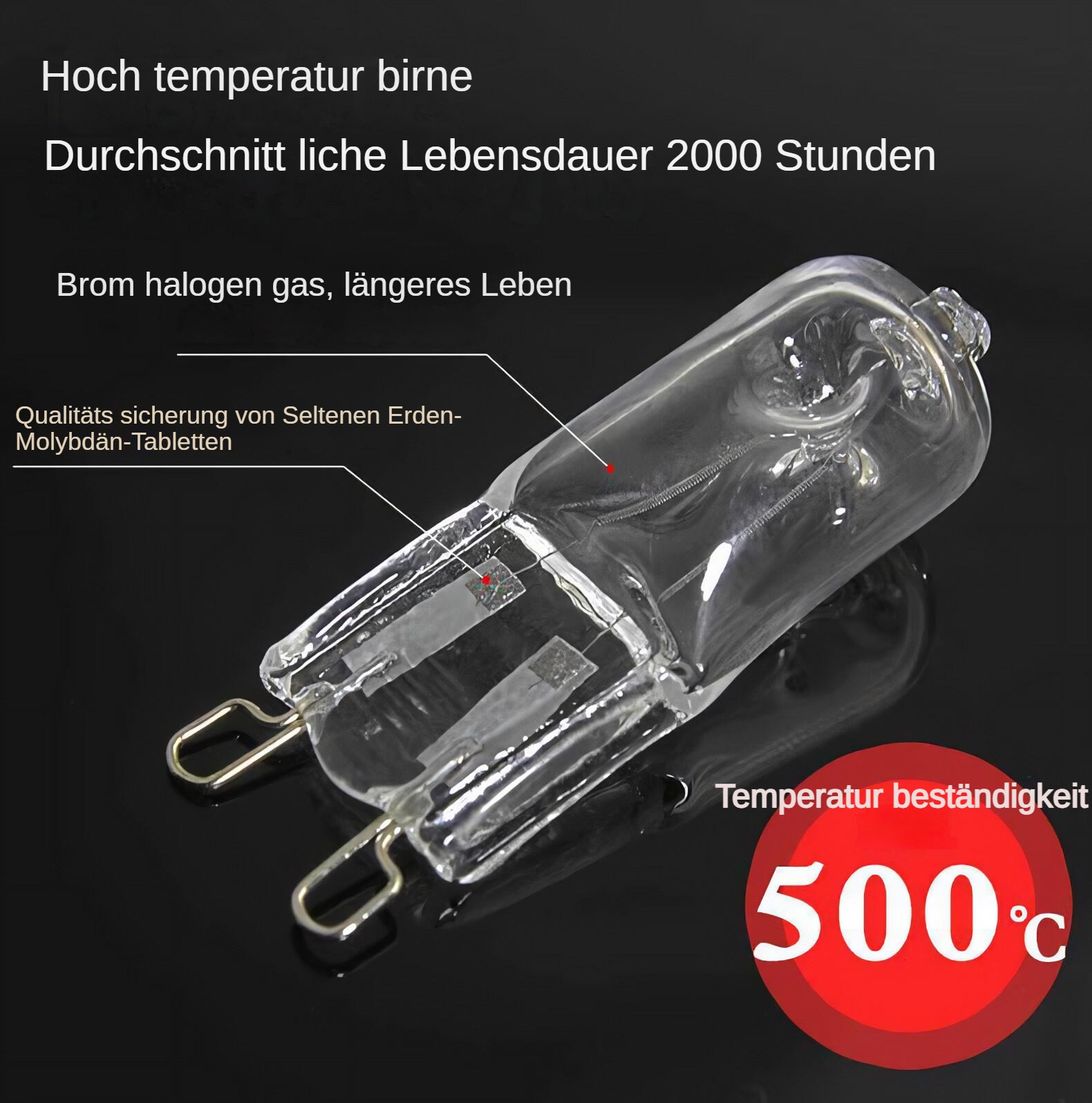 Eine klare Halogenlampe mit Metallzinken. Es hat Text auf Deutsch und einen roten Kreis mit 500°C.