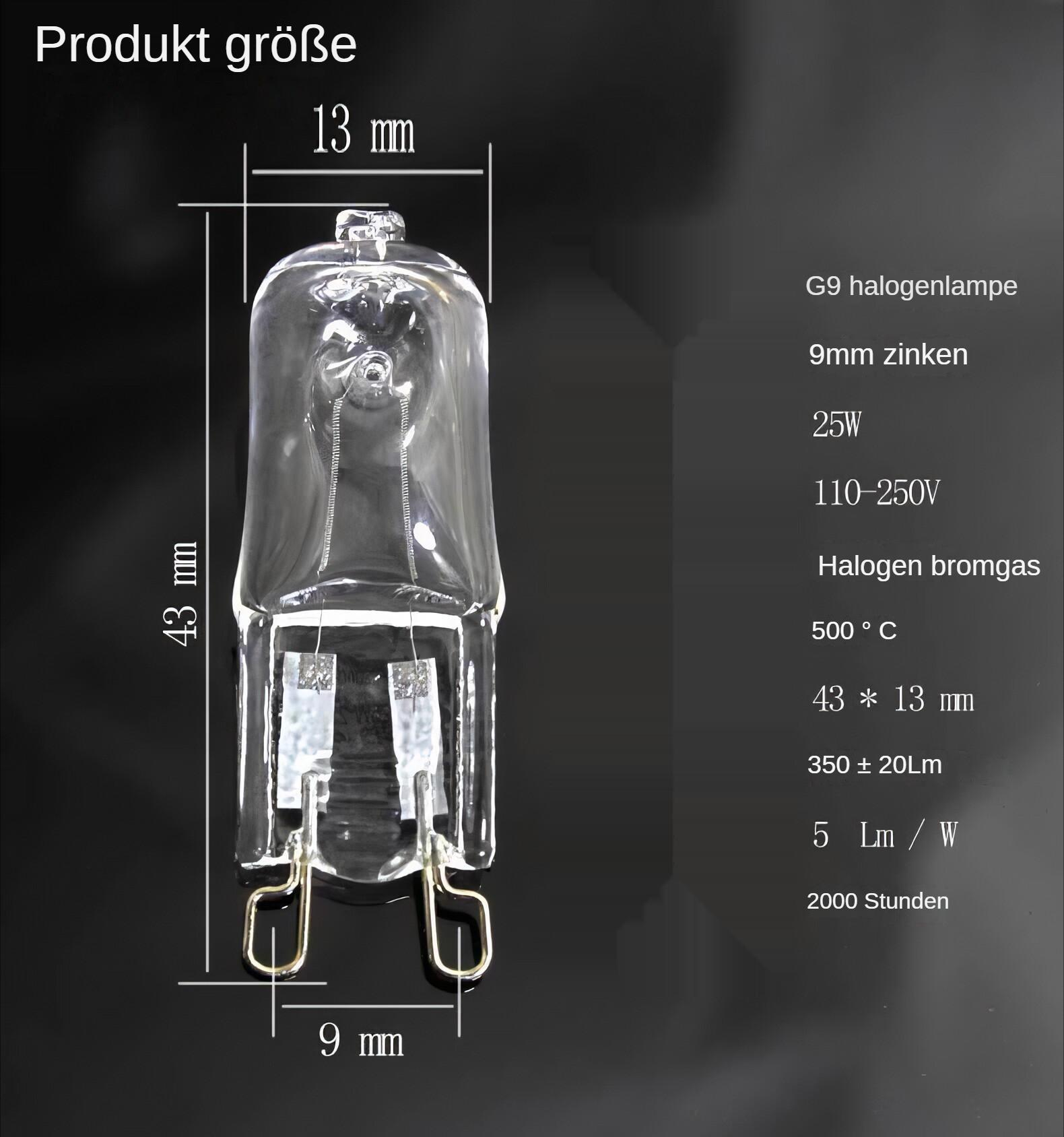 Eine klare Halogenlampe mit Abmessungen und Spezifikationen auf schwarzem Hintergrund.