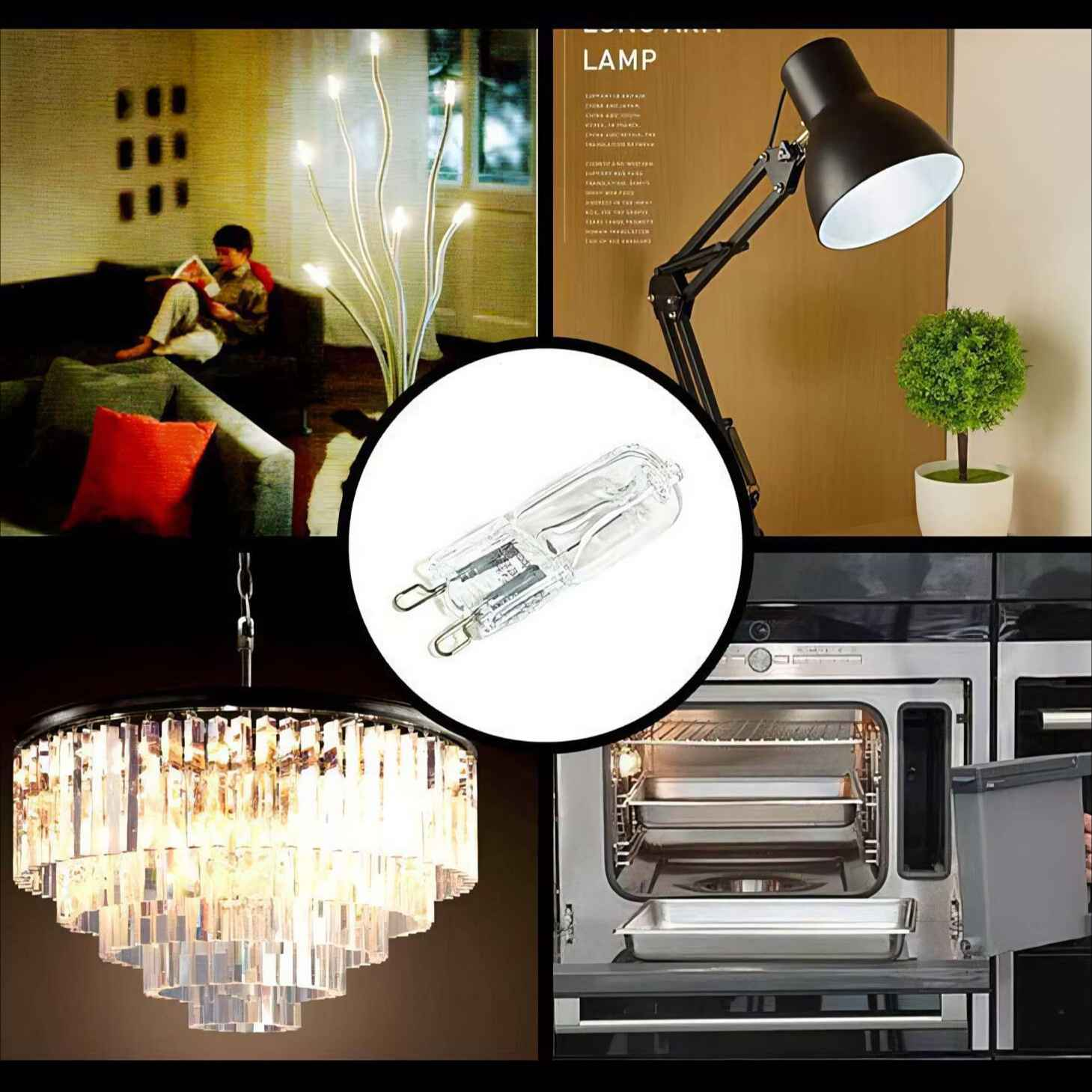 Eine Collage, die eine lesende Person, eine schwarze Schreibtischlampe, einen Kristall-Lüster, einen Ofen und eine Glühbirne zeigt.