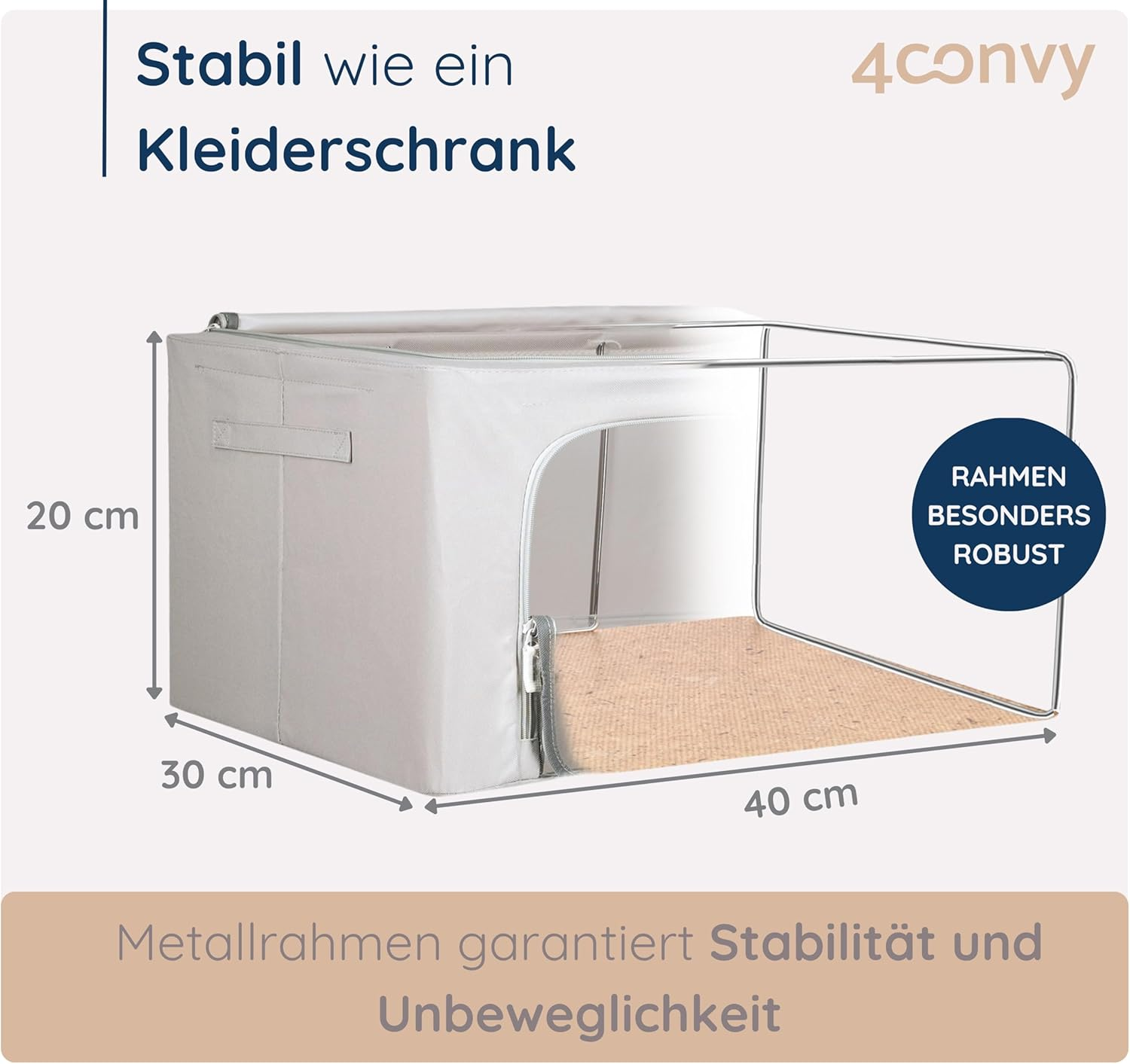 Eine weiße Aufbewahrungsbox mit Metallrahmen. Die Abmessungen sind 20x30x40 cm. Text enthält 'Stabilität' und 'Robust'.