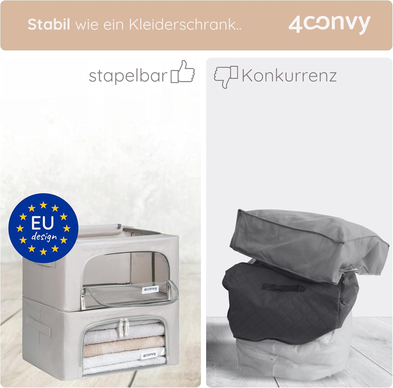 Das Bild zeigt eine stapelbare Aufbewahrungsbox mit Handtüchern darin und einen Stapel Stoffaufbewahrungstaschen.