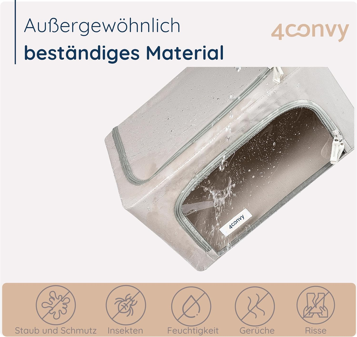Eine beige Aufbewahrungstasche mit Wassertropfen. Text sagt 'beständiges Material'. Icons zeigen Schutz vor Staub, Insekten, Feuchtigkeit, Gerüchen und Rissen.