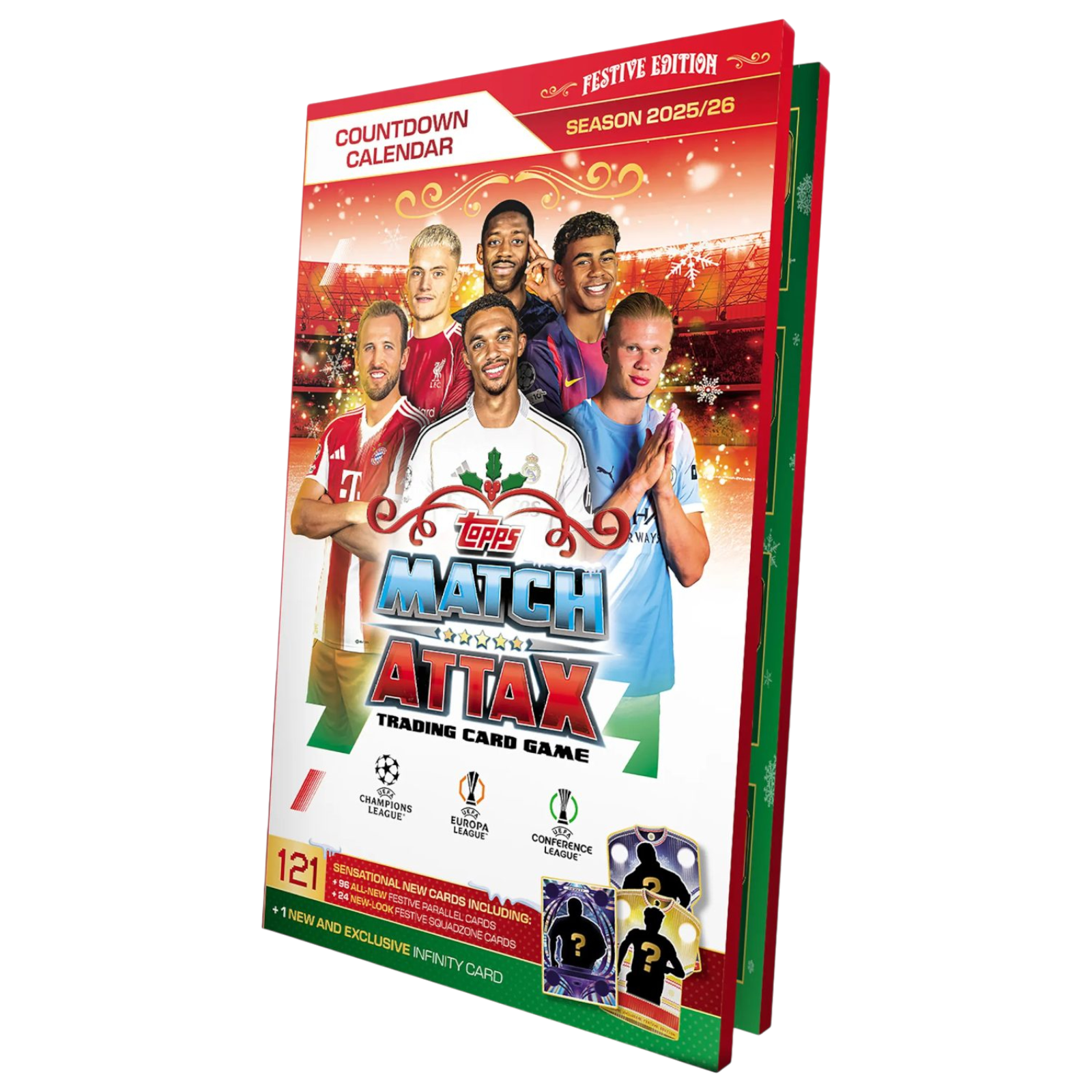 Die Match Attax-Kartenspielbox mit Fußballspielern. Auf dem Cover steht 'Festive Edition' und 'Countdown Calendar'.