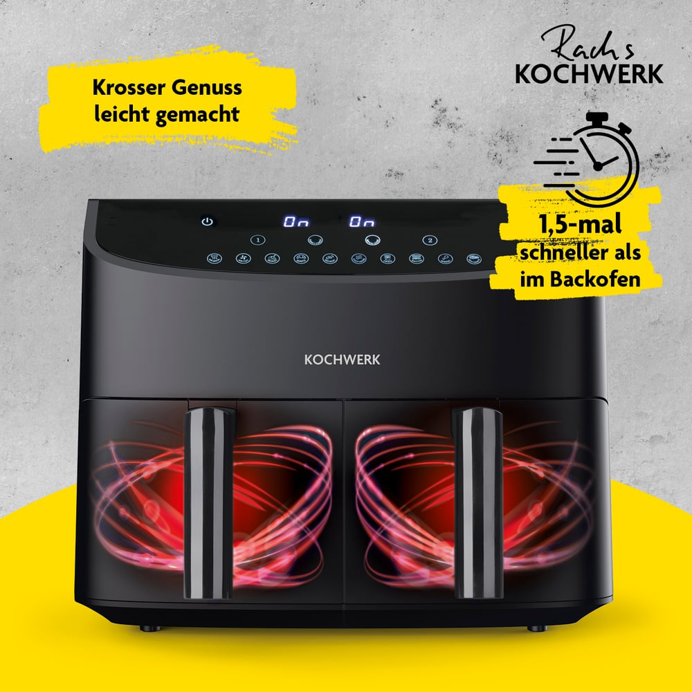 Schwarze Heißluftfritteuse mit digitaler Anzeige. Text: 'Krosser Genuss leicht gemacht.' und '1,5-mal schneller als.'