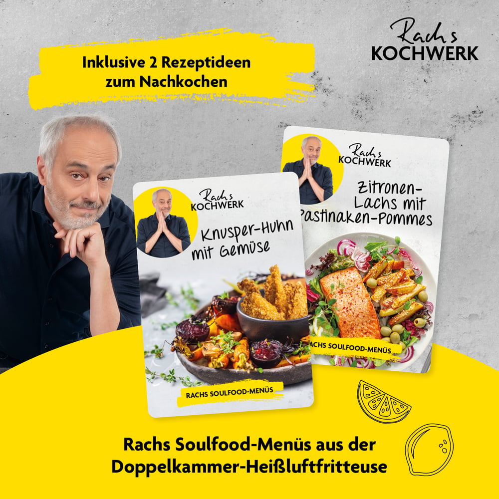 Mann lächelt, zwei Rezeptkarten, ein Huhn, ein Lachs, mit Essensbildern. Gelbes Banner sagt '2 Rezept-Ideen'.