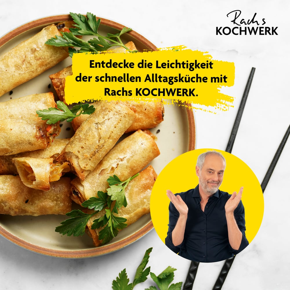 Teller mit Frühlingsrollen und Petersilie. Mann im gelben Kreis. Text: Entdecken Sie die Leichtigkeit der Alltagsküche mit Rachs KOCHWERK.