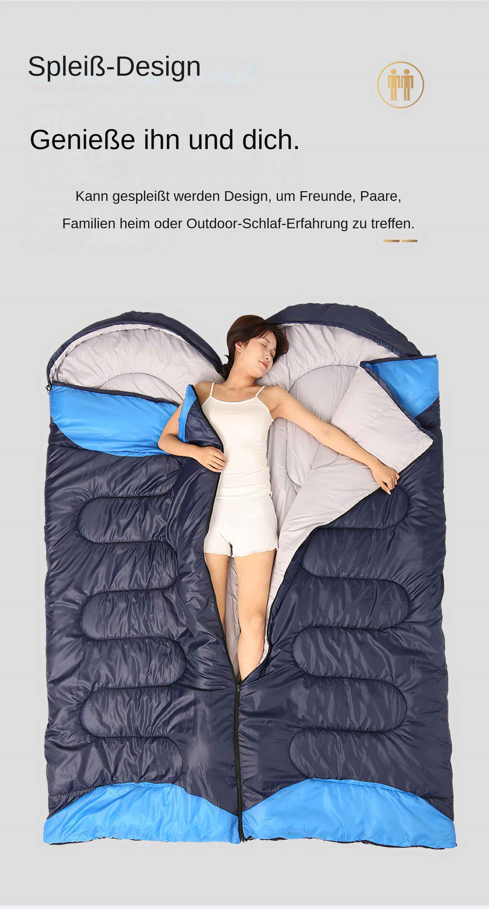 Eine Frau liegt in einem blauen und marinefarbenen Schlafsack. Der Schlafsack ist geöffnet, und sie trägt weiße Shorts und ein Tanktop.