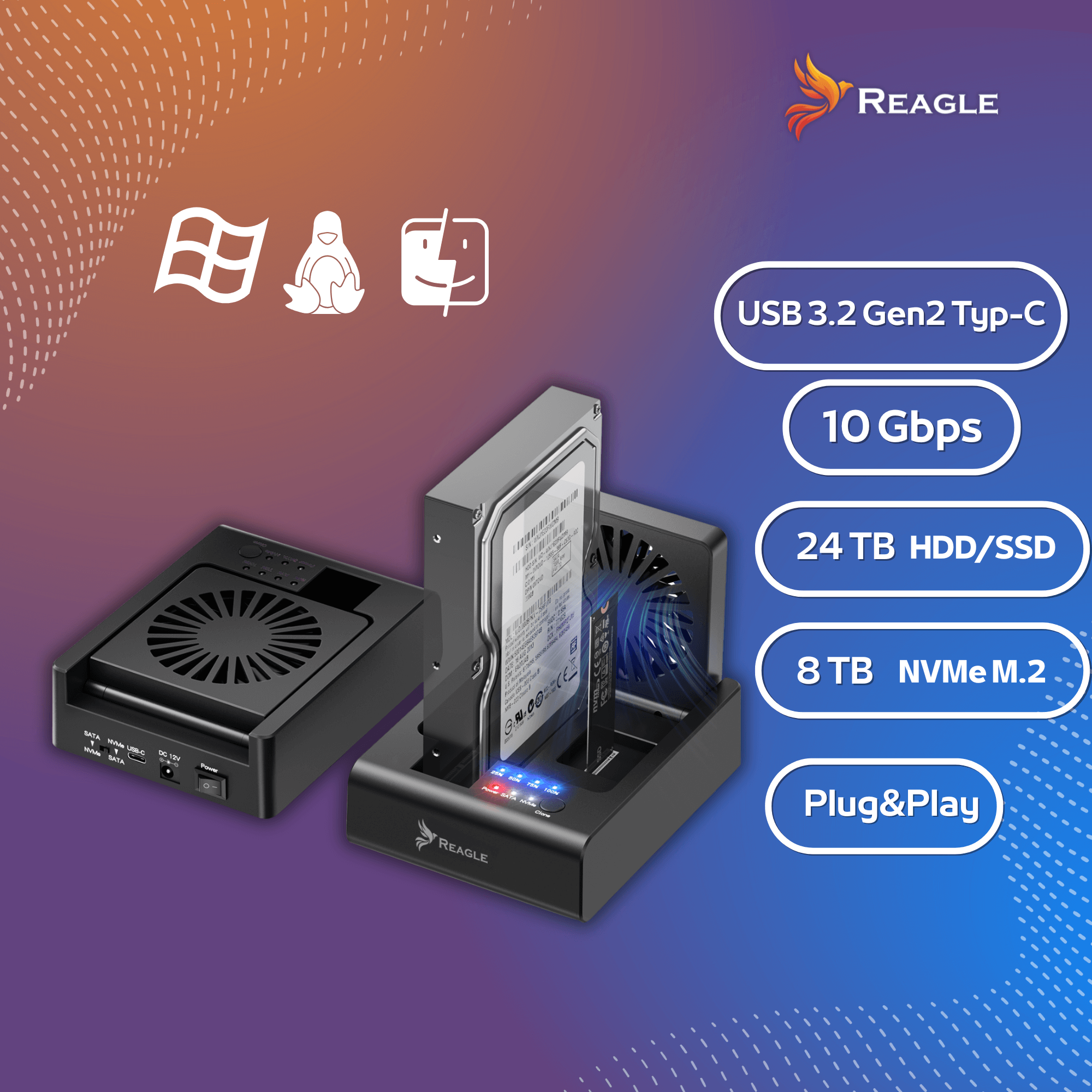 Czarna stacja dokująca dysku twardego z włożonym dyskiem twardym. Funkcje obejmują USB 3.2, 24TB HDD/SSD i Plug&Play.