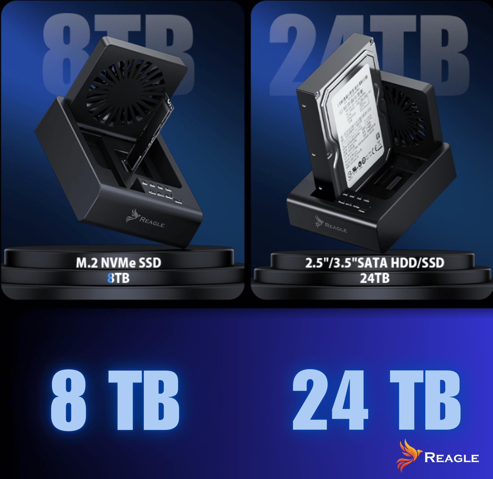 Obraz pokazuje dwie czarne stacje dokujące dysków twardych, jedną z dyskiem SSD, drugą z HDD. Etykiety pokazują pojemność 8 TB i 24 TB.