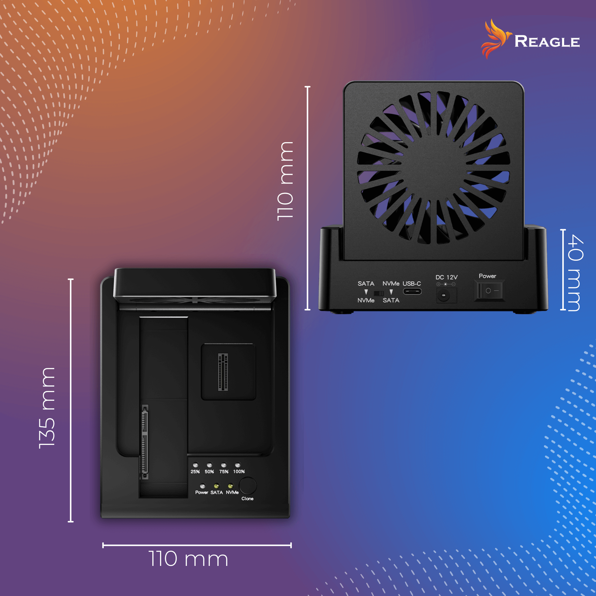 Czarne urządzenie z wentylatorem, oznaczone wymiary. Tło gradientowe od niebieskiego do pomarańczowego. Logo Reagle u góry.