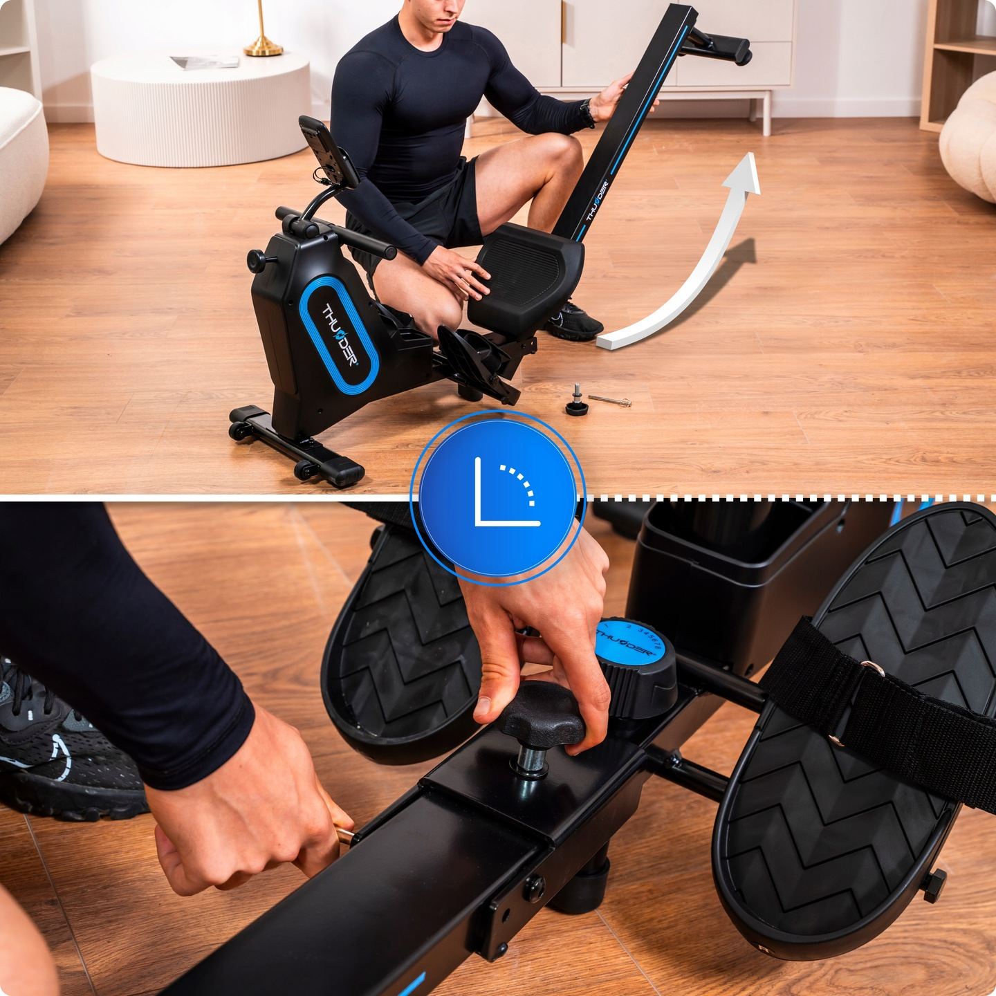 Mężczyzna montuje czarną maszynę do wiosłowania, mocując części rękami. Maszyna ma niebieskie akcenty. Drewniana podłoga i biała strzałka w zasięgu wzroku.