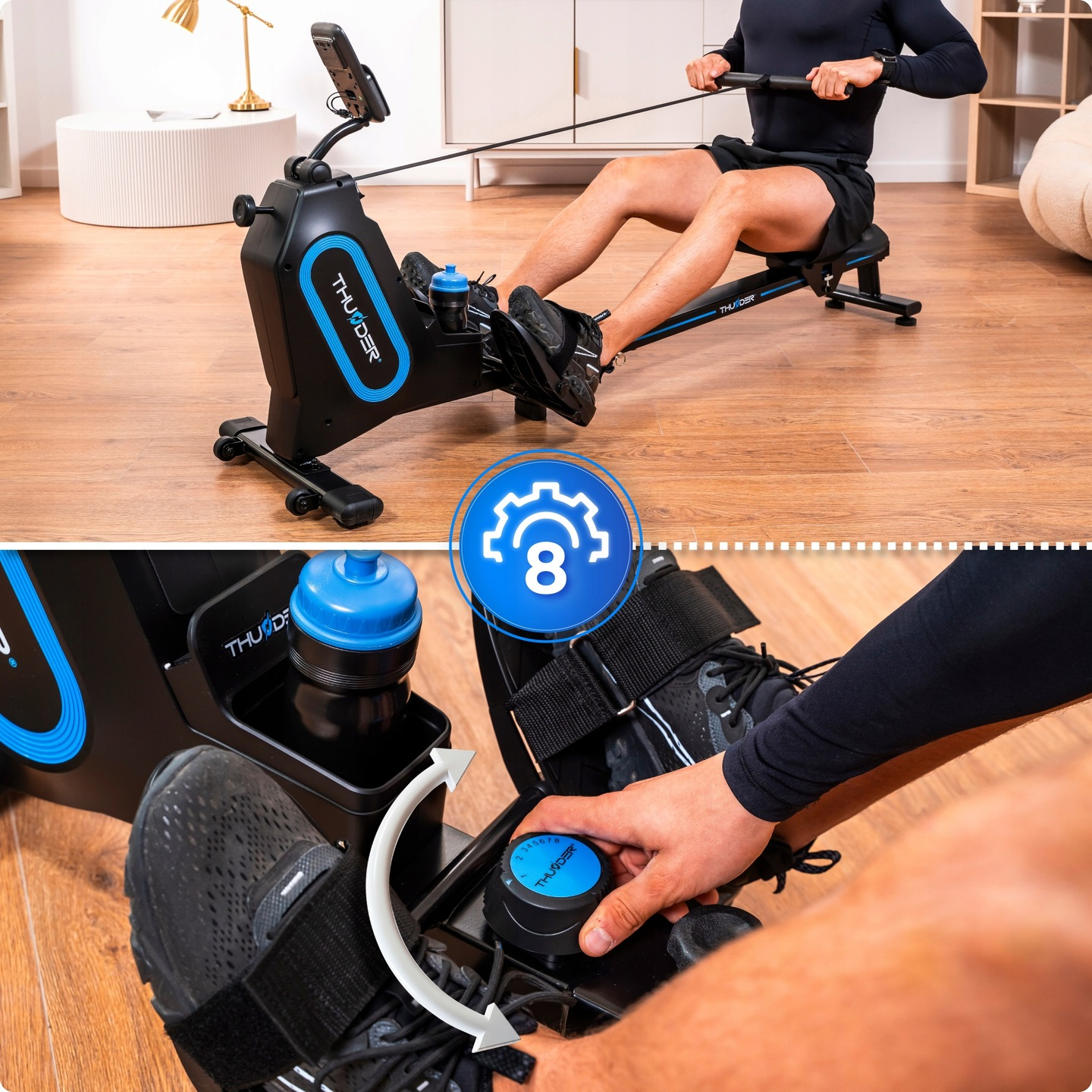 Osoba korzysta z maszyny do wiosłowania. Maszyna jest czarno-niebieska. Osoba ma na sobie czarne ubrania. Jest butelka wody.