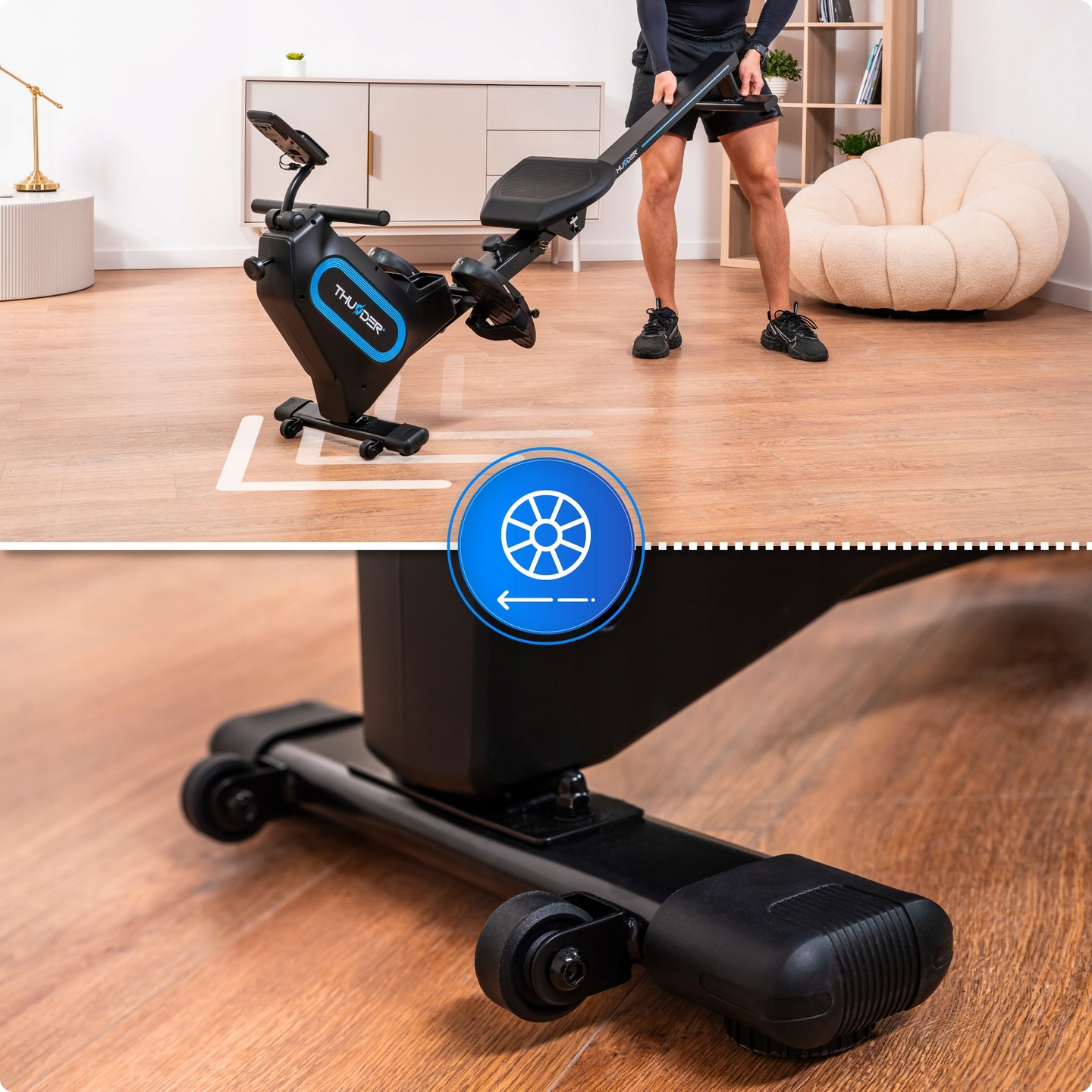 Mężczyzna korzysta z czarnej maszyny do wiosłowania. Maszyna stoi na kółkach. Beżowa pufa i szafka są w tle.