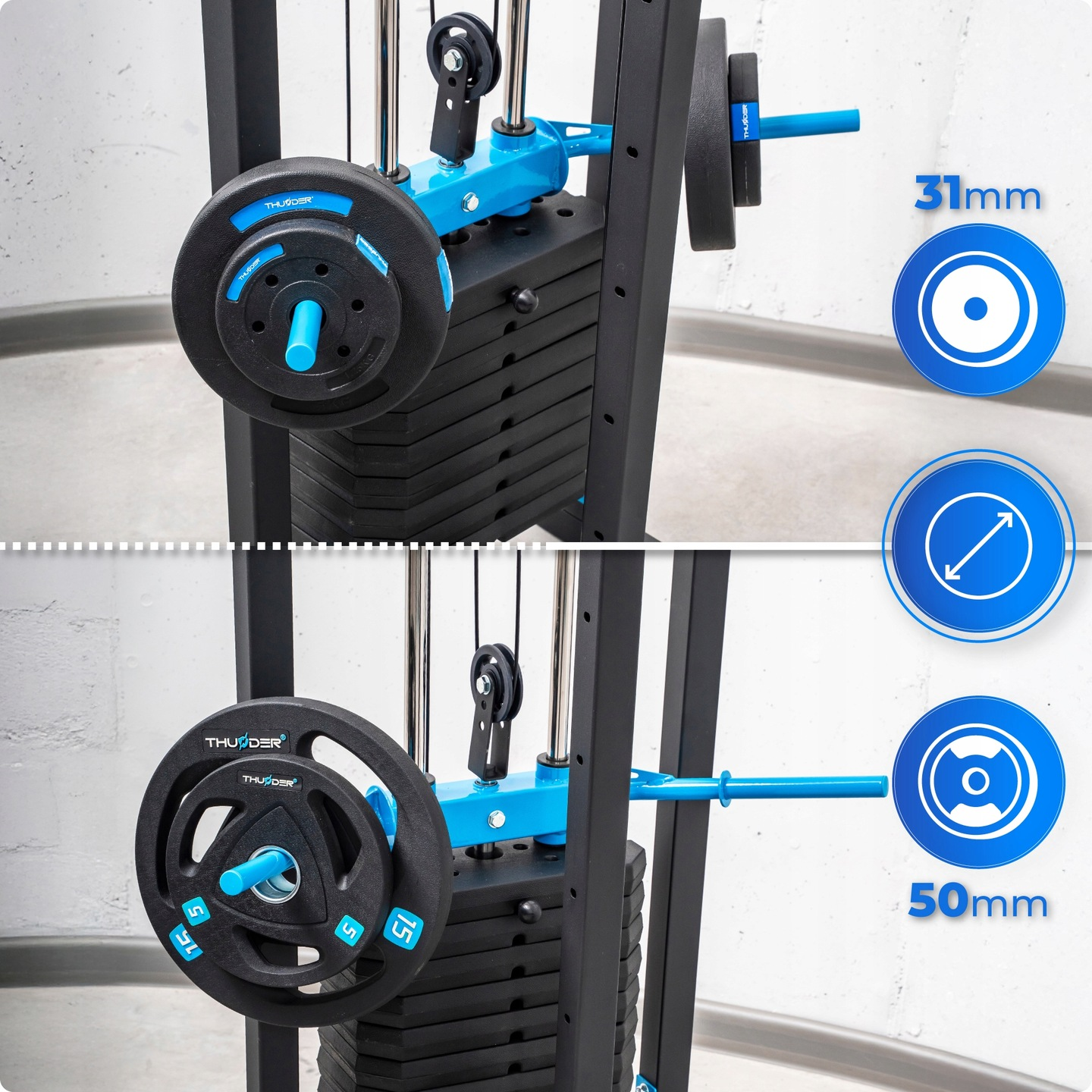 Maszyna do ćwiczeń z czarnymi ciężarami i niebieskimi drążkami. Dwa dyski są oznaczone 31 mm i 50 mm. Maszyna jest czarno-niebieska.