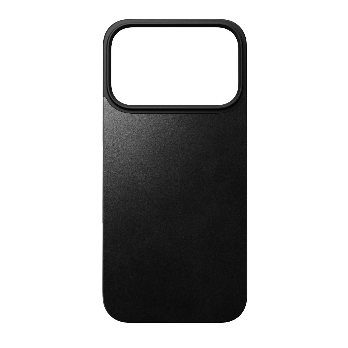 Una custodia nera per telefono con ritaglio per la fotocamera. La custodia è rettangolare con angoli arrotondati e superficie strutturata, su sfondo bianco.