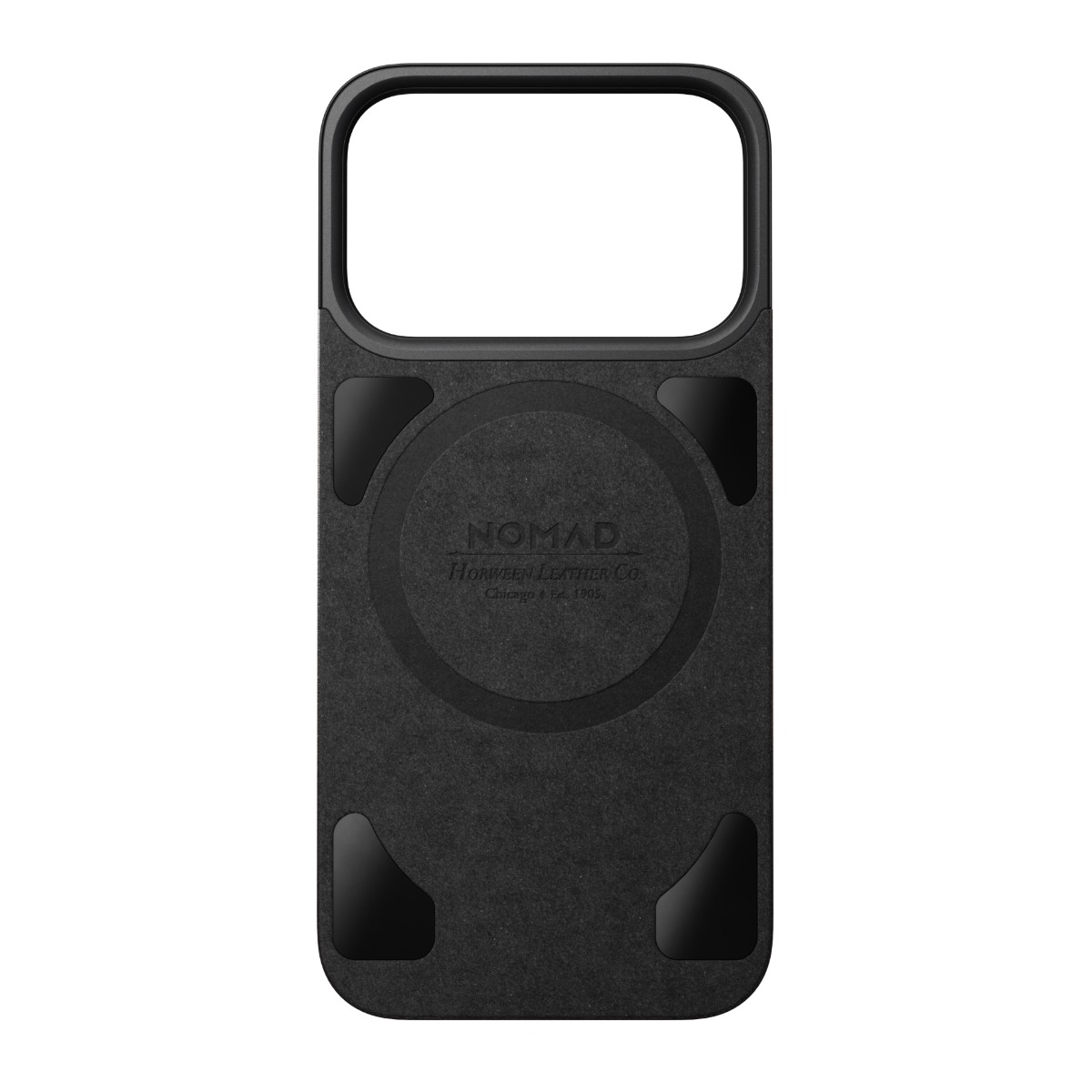 Una custodia nera per telefono con un ritaglio per la fotocamera. Ha una sezione circolare e dice NOMAD Horween Leather Co.