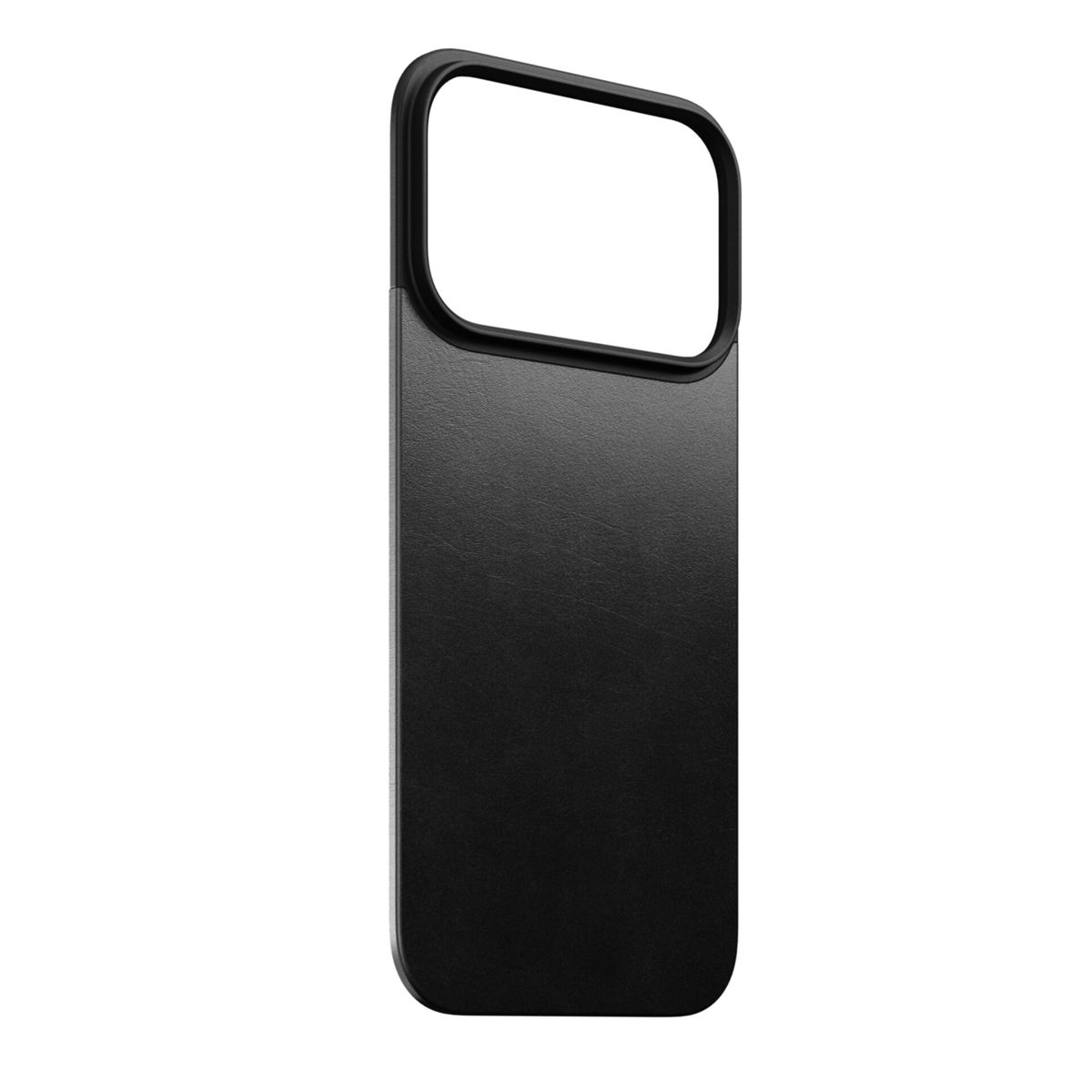Una custodia nera per telefono con un ritaglio per la fotocamera. Ha una forma rettangolare con angoli arrotondati. Lo sfondo è bianco.