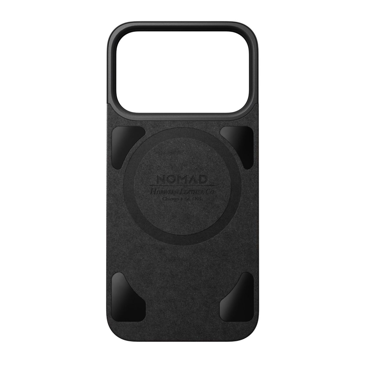 Custodia per telefono nera con ritaglio per fotocamera e logo Nomad. Presenta un design circolare al centro e piccoli accenti angolari.
