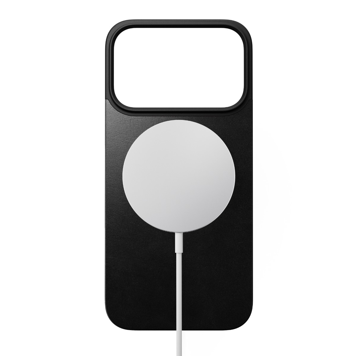 Custodia nera per telefono con caricatore e cavo circolare bianco. La parte superiore ha un ritaglio per la fotocamera. Lo sfondo è bianco.
