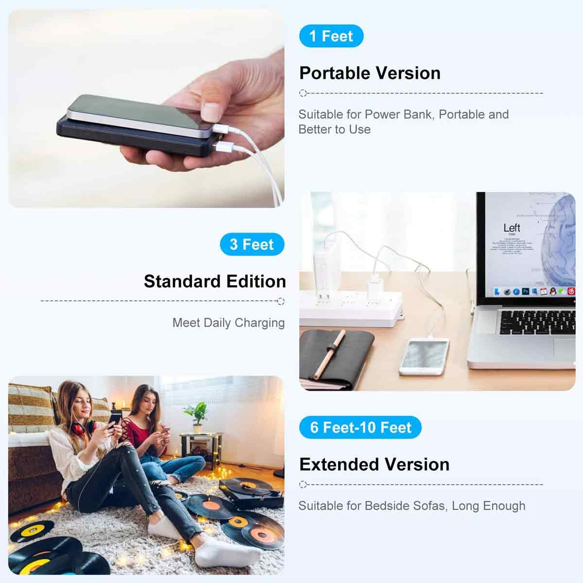Das Bild zeigt Ladekabel und Geräte, darunter ein Telefon, einen Laptop und eine Powerbank. Zwei Frauen sitzen mit Schallplatten. Text beschreibt Ladeversionen.