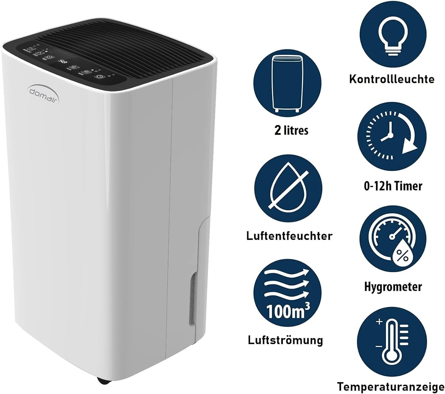 Weißer Domair-Luftentfeuchter mit schwarzem Oberteil und Bedienfeld, Icons für Funktionen wie Timer, Feuchtigkeit und Kapazität.