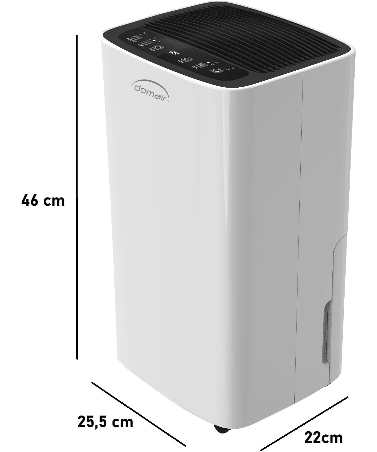 Ein weißer Domair-Luftentfeuchter mit schwarzer Oberseite. Maße: 46 cm Höhe, 25,5 cm Breite und 22 cm Tiefe.