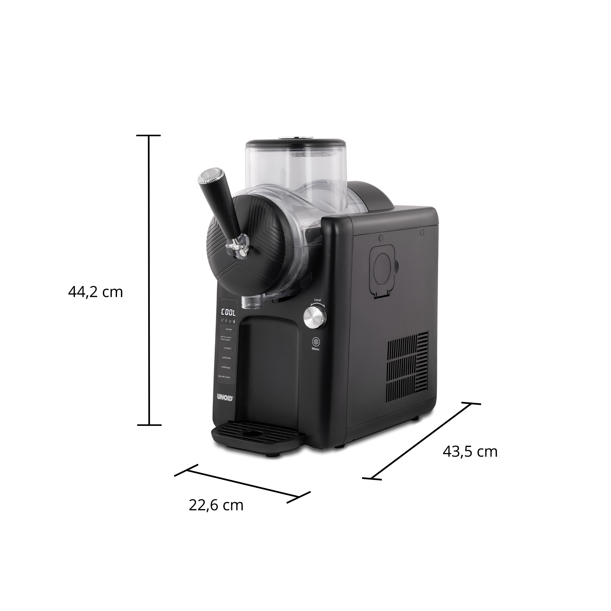 Macchina per slush nera con contenitore trasparente e dimensioni: 44,2x43,5x22,6 cm. Ha pulsanti e una maniglia.