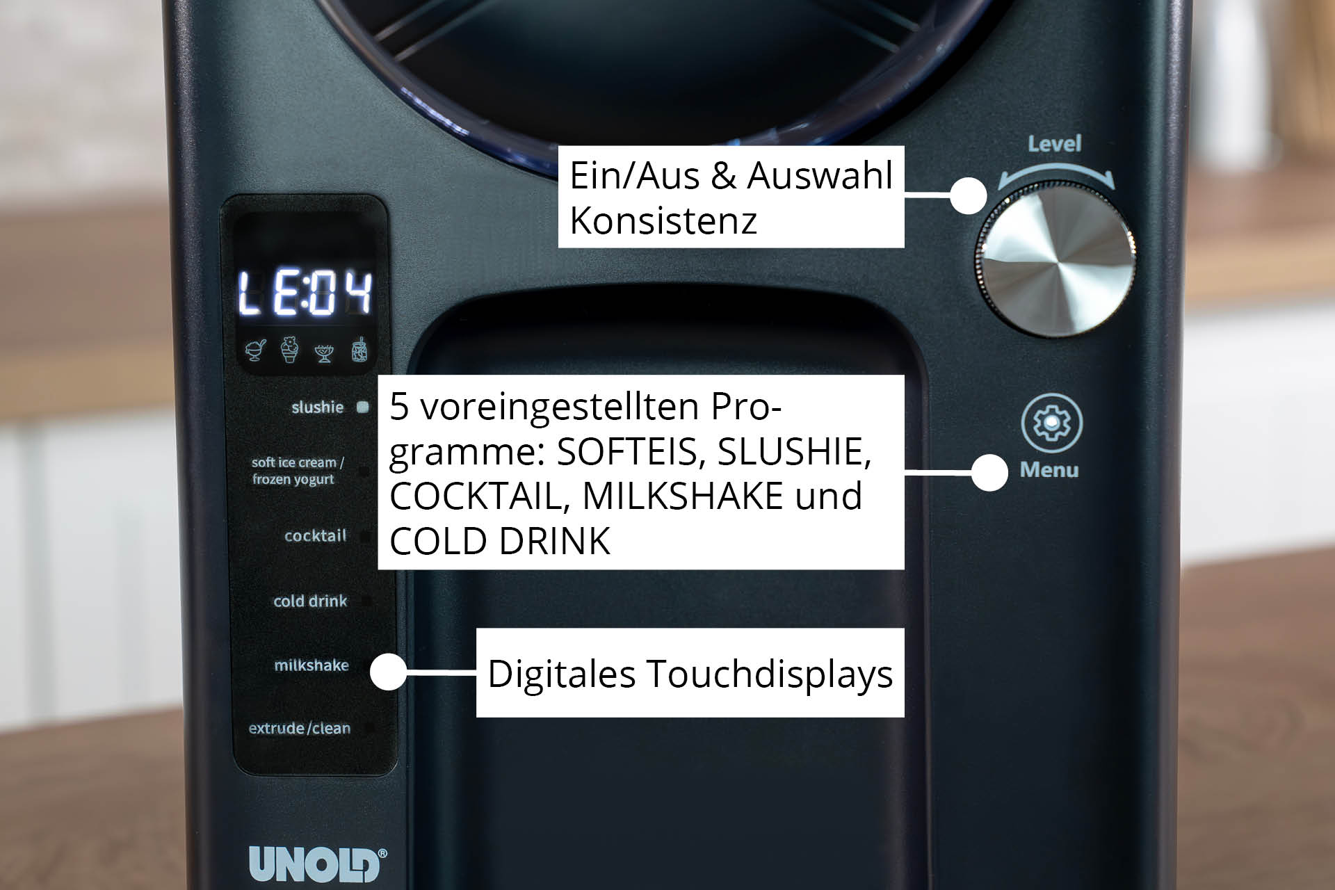 Primo piano di un elettrodomestico nero con display digitale 'LE:04', opzioni di menu e manopola di controllo 'Livello'.