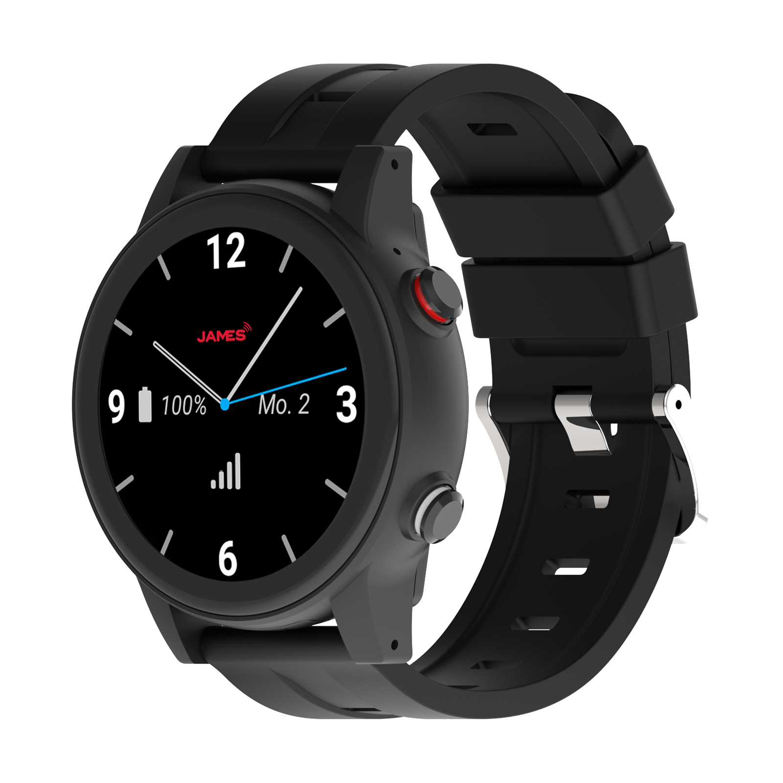 Eine schwarze Smartwatch mit rundem Zifferblatt zeigt Zeit und Akku an. Sie hat ein schwarzes Armband und zwei Knöpfe.