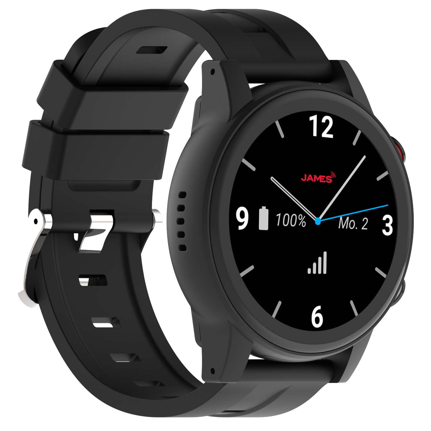 Eine schwarze Smartwatch mit rundem Zifferblatt, das die Uhrzeit anzeigt. Sie hat ein schwarzes Armband und eine silberne Schließe.