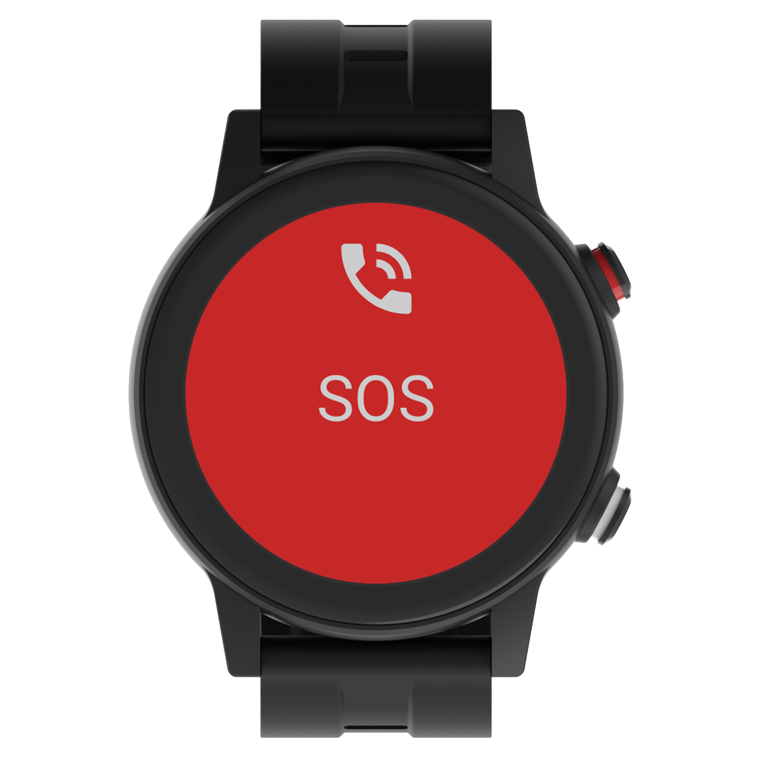 Eine schwarze Smartwatch zeigt einen roten Bildschirm mit weißem SOS und einem Telefonsymbol. Das Uhrenarmband ist schwarz.