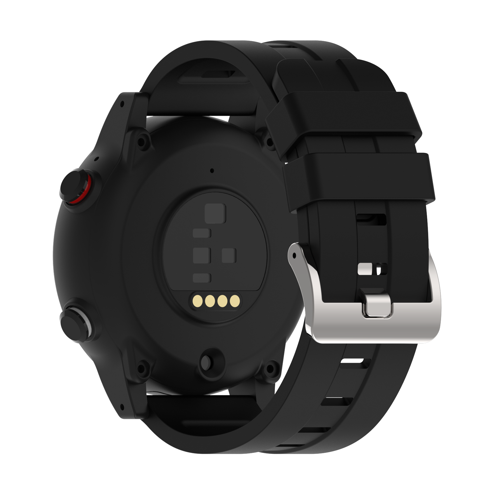Schwarze Smartwatch, Rückansicht. Zeigt die Rückseite der Uhr mit schwarzem Armband und Metallverschluss. Tasten und Sensoren sind sichtbar.