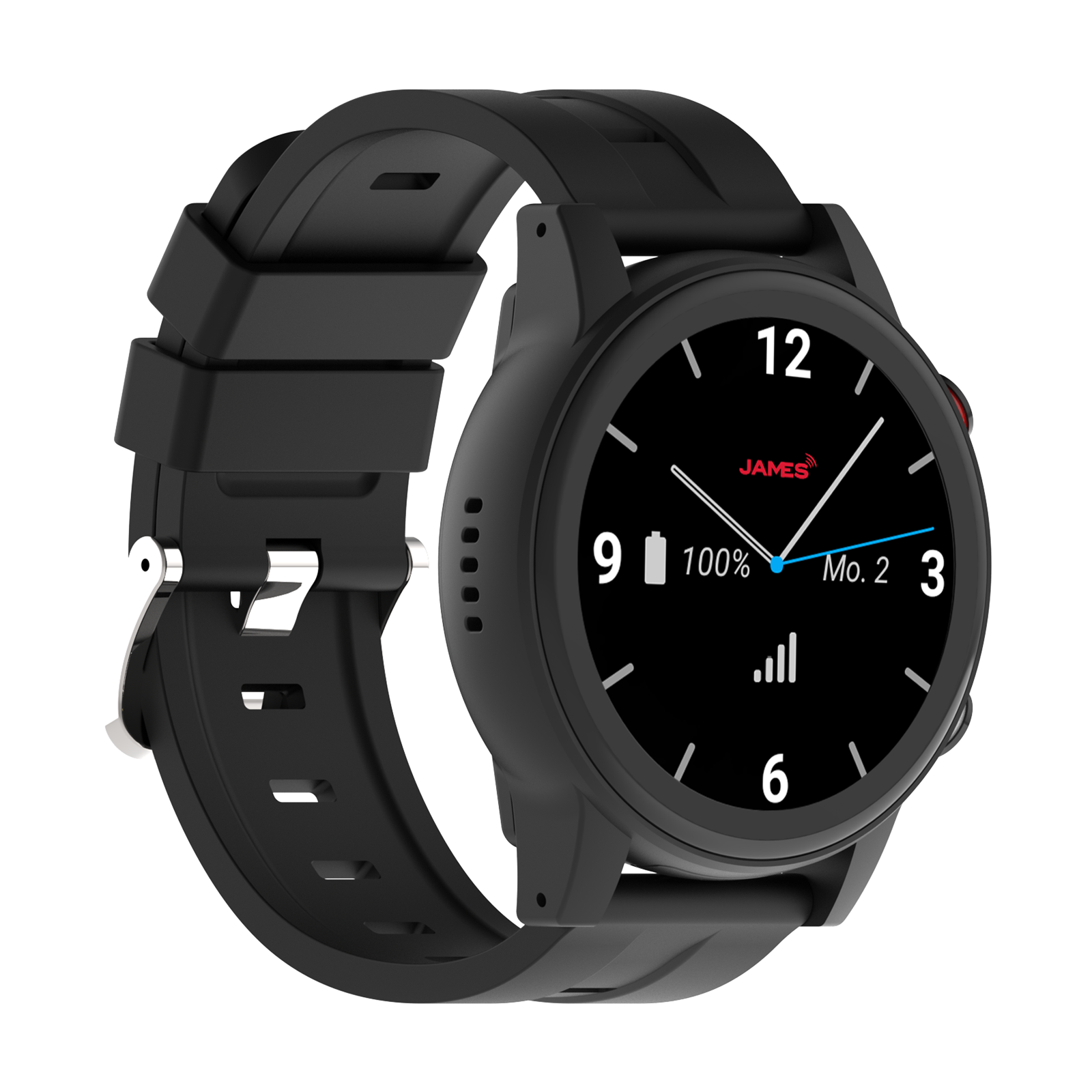 Schwarze Smartwatch mit schwarzem Armband. Das Zifferblatt zeigt Zeit, Akku und Signal. Der Markenname ist JAMES.