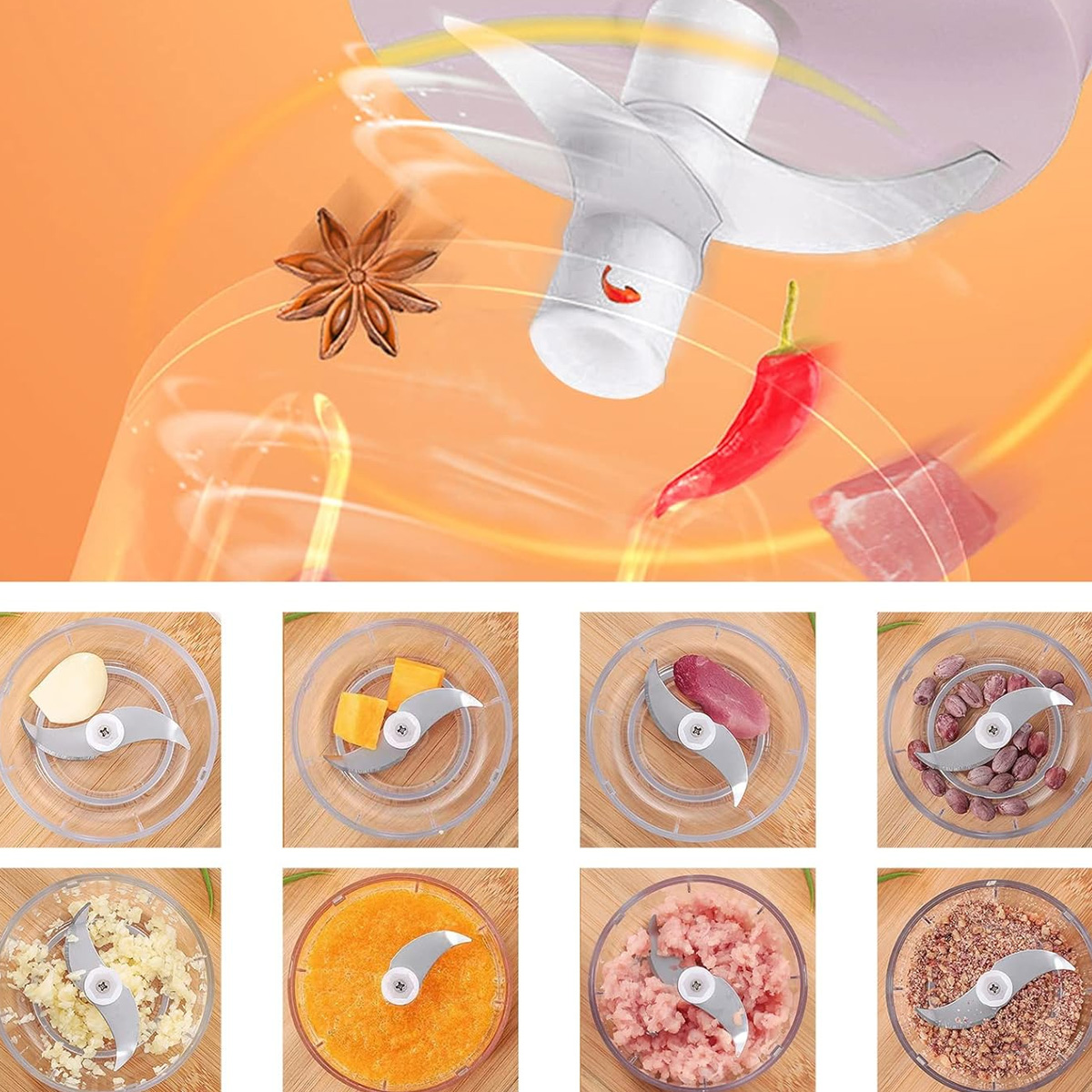 Ein Food Processor mit Klingen. Zutaten wie Knoblauch, Kürbis, Fleisch und Erdnüsse sind in Schüsseln abgebildet. Rote Paprika, Sternanis.