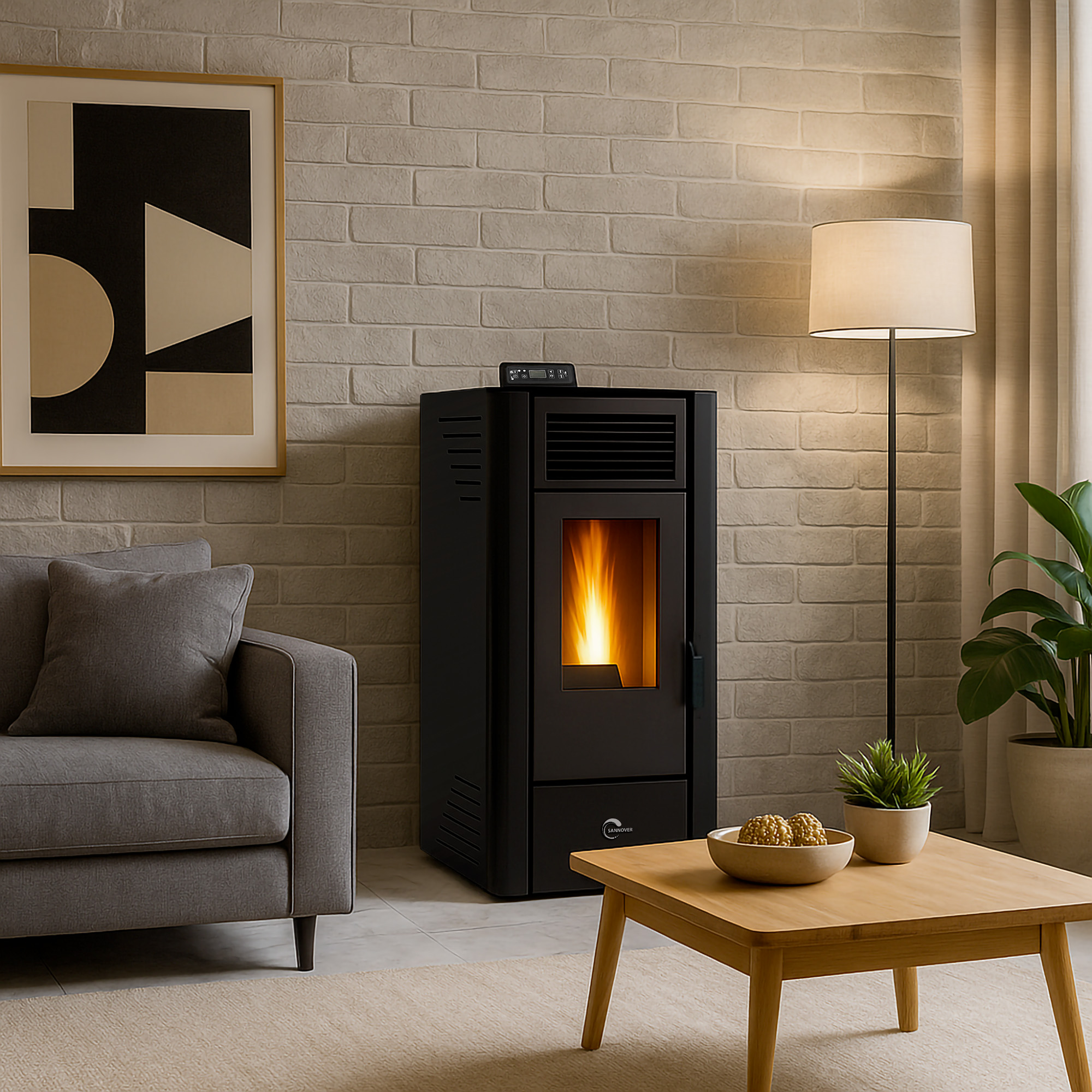 Een moderne woonkamer met een open haard, een bank, een salontafel en een lamp. De bakstenen muur heeft een ingelijst kunstwerk.