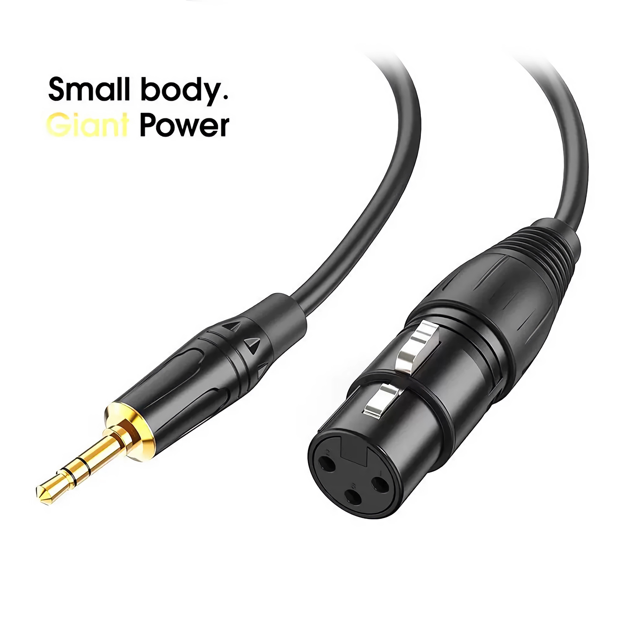 Ein Audiokabel mit 3,5-mm-Klinke und XLR-Anschluss. Es ist schwarz mit goldenen und silbernen Akzenten, vor weißem Hintergrund.