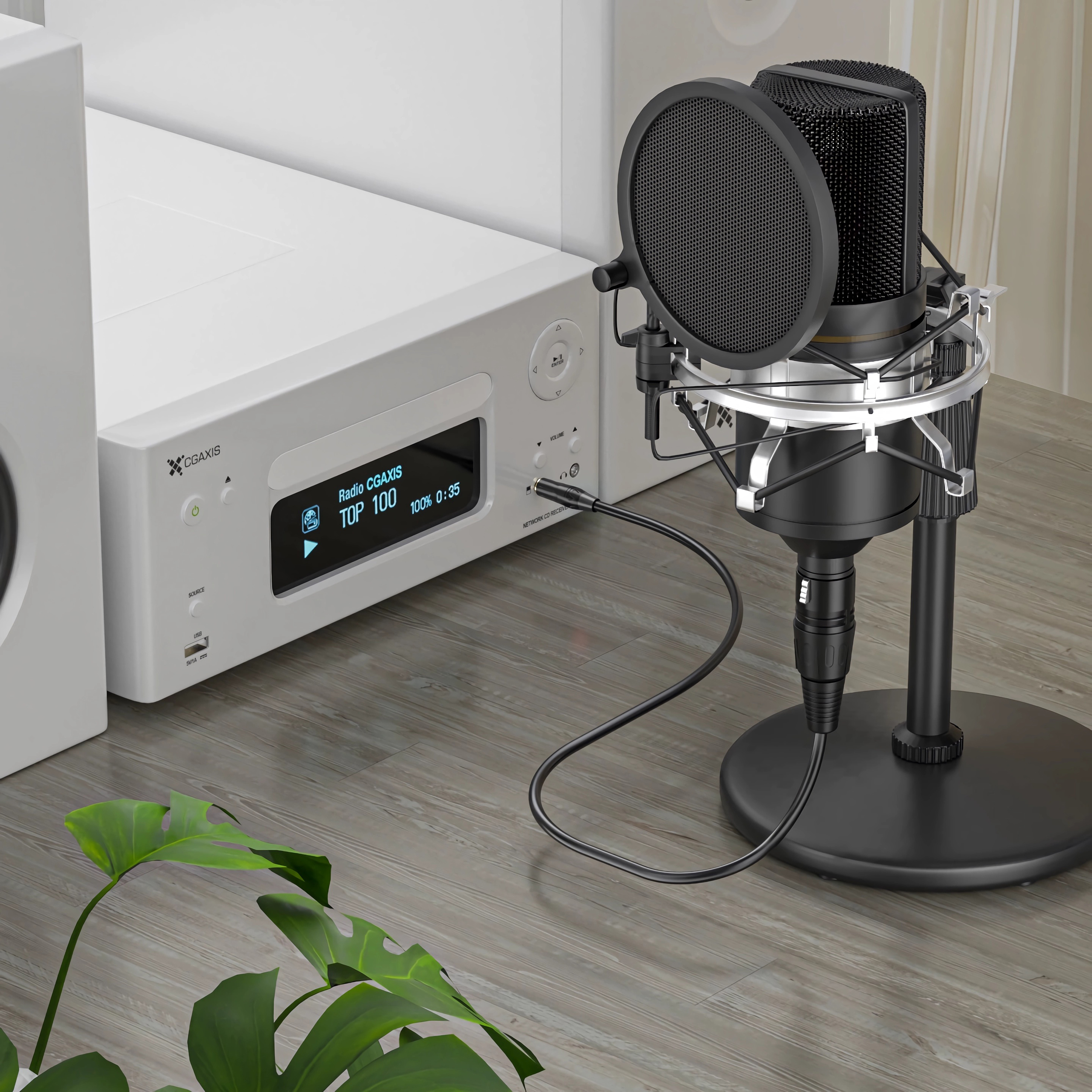 Ein Mikrofon mit Pop-Filter steht vor weißen Lautsprechern und einer Stereoanlage. Eine Monstera-Pflanze ist im Vordergrund.
