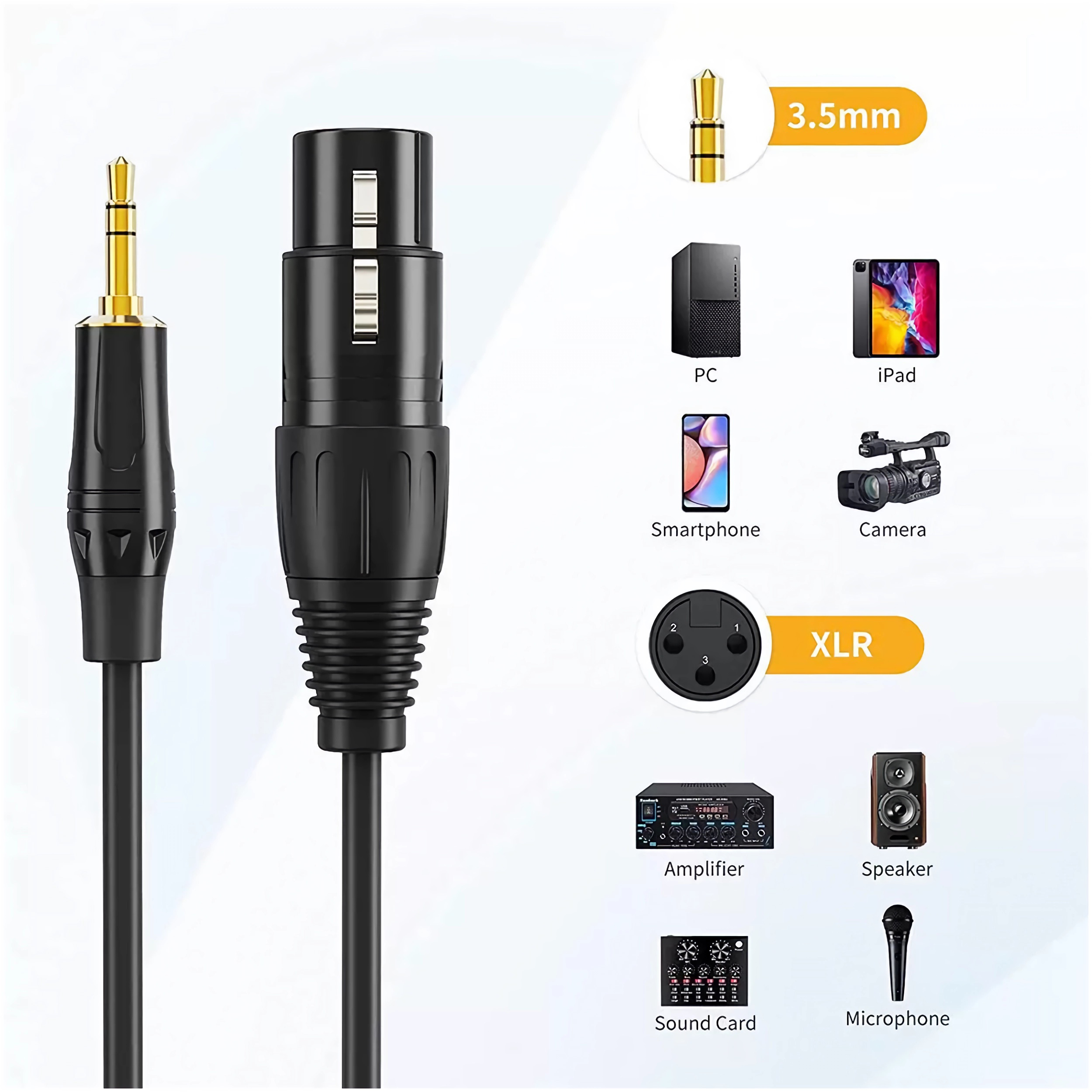 Das Bild zeigt ein Audiokabel mit 3,5-mm- und XLR-Anschlüssen. Außerdem einen PC, ein iPad, ein Smartphone, eine Kamera, einen Verstärker, einen Lautsprecher und ein Mikrofon.