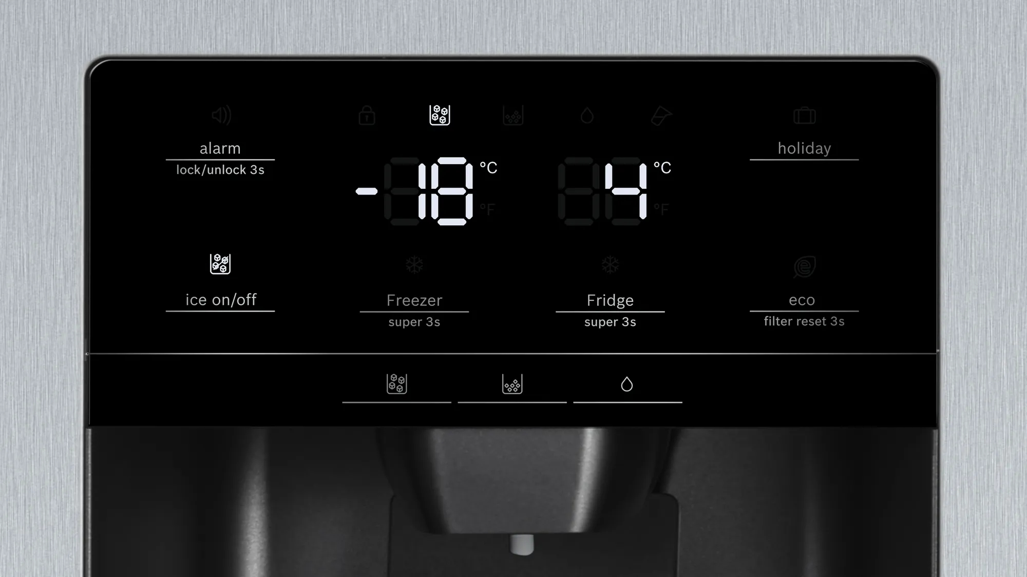 Kühlschrank-Bedienfeld. Zeigt -18°C für Gefrierfach und 4°C für Kühlschrank an. Enthält Tasten für Eis, Alarm, Urlaub und Eco-Einstellungen.